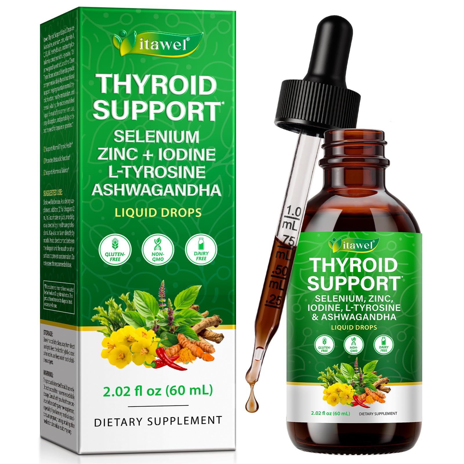 Thyroid Support Gouttes liquides 60 ml – Sélénium, zinc, iode, L-tyrosine et Ashwagandha pour l'équilibre hormonal, le métabolisme et la santé thyroïdienne