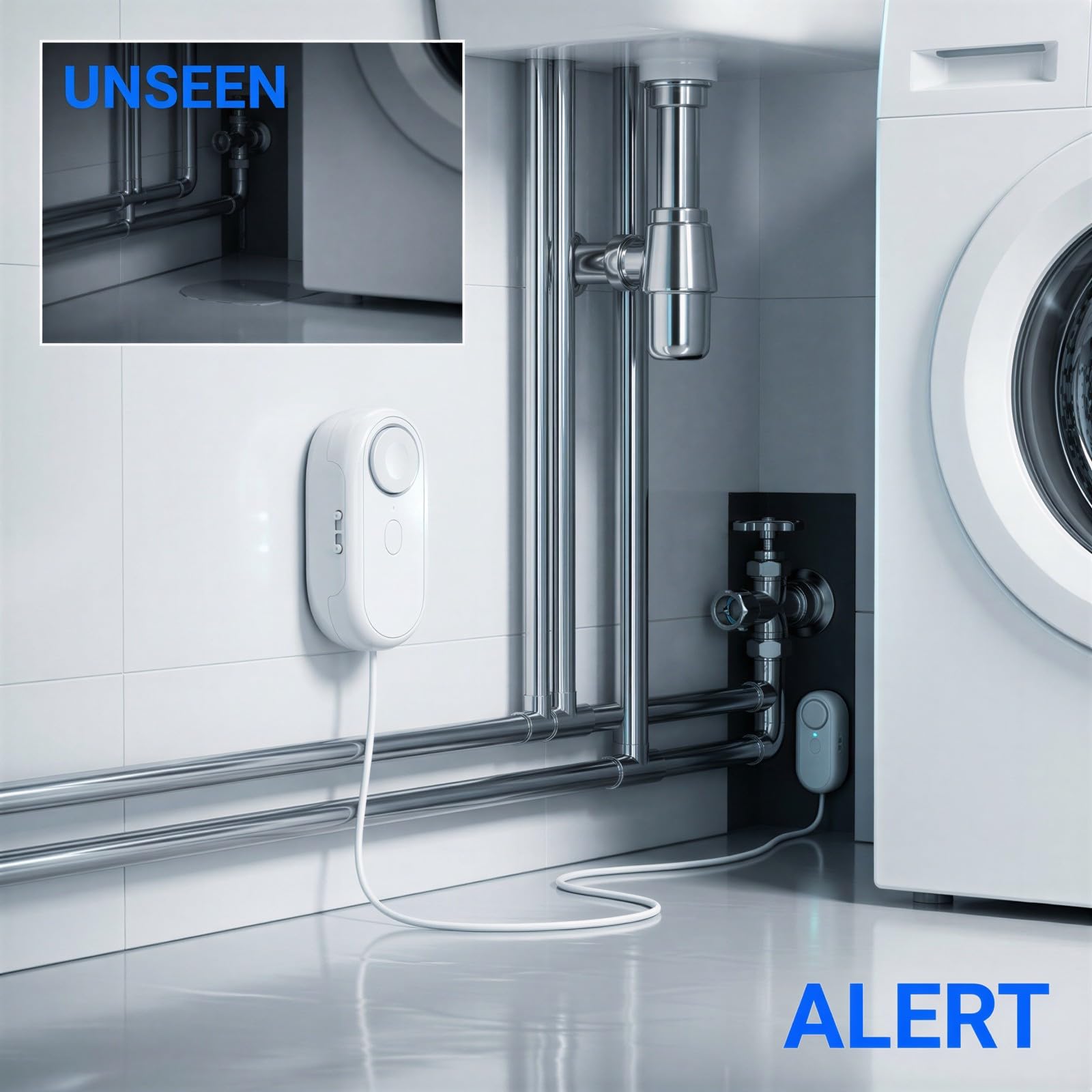 Kabelloser Wasserleckalarm mit 1,10 m Sensorkabel, intelligenter Wasserleckmelder mit Fernbedienung, Doppelmodus-Überlaufsensoren für Zuhause, 8,99 x 3,99 x 2,01 cm, für Küche, Lager, Keller