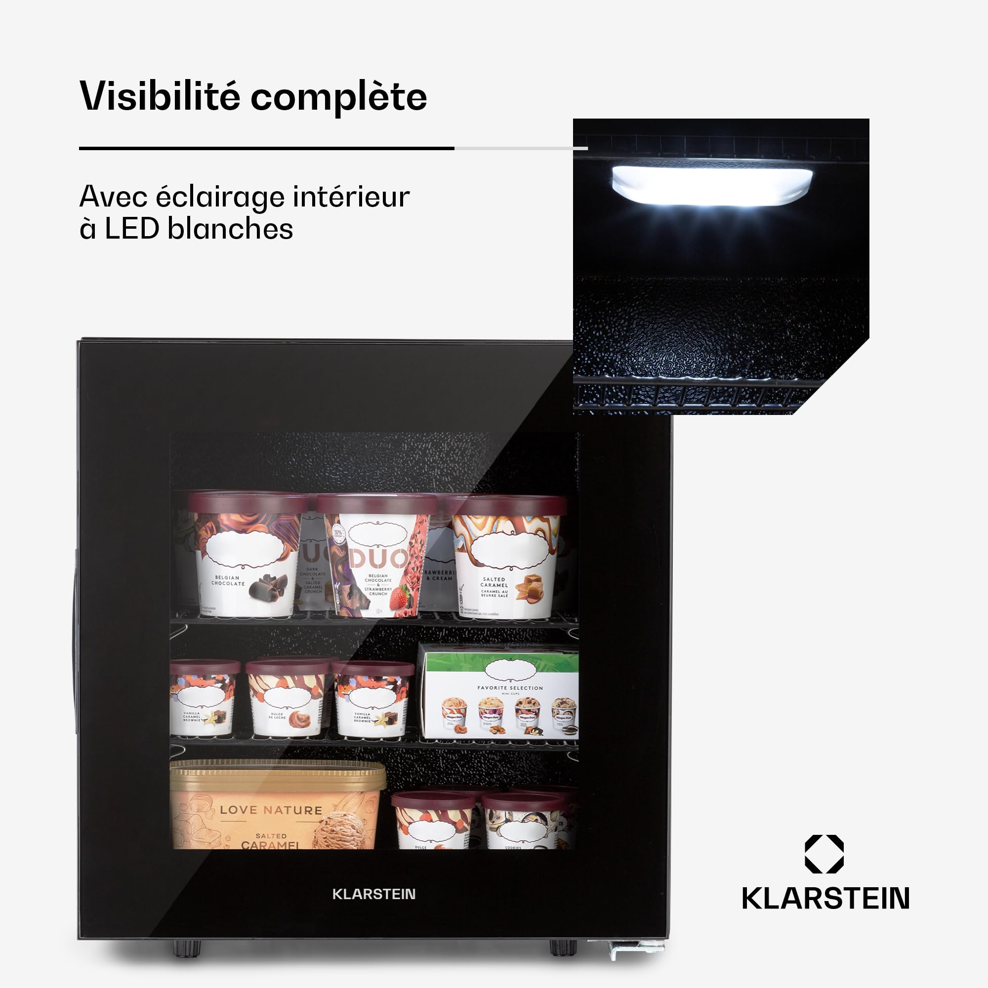 KLARSTEIN IceAge - Congélateur avec façade vitrée, thermostat à 5 niveaux, 0 à -20°C, pieds réglables en hauteur, boîtier en acier, CEE E, 2 clayettes, 36 litres