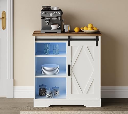 WAMPAT Gabinete de acento LED, barra de café, buffet, mesa de almacenamiento para sala de estar, baño y cocina casera, color blanco
