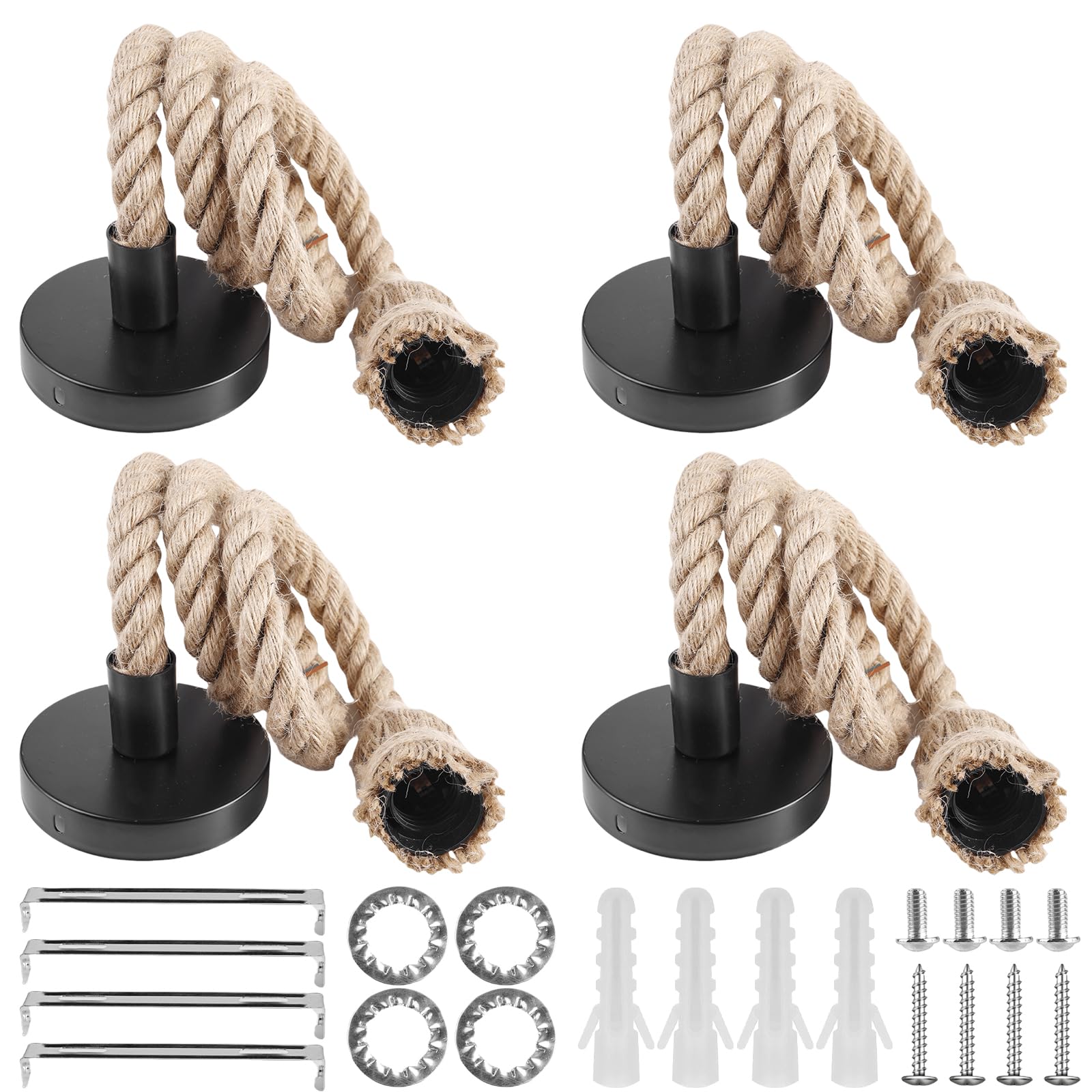 4 pezzi Portalampada E27 con cavo, Lampada a sospensione in stile retrò con corda di canapa e cavo da 100 cm, Kit di lampada a sospensione in corda di canapa per cucina, caffè, bar, magazzino