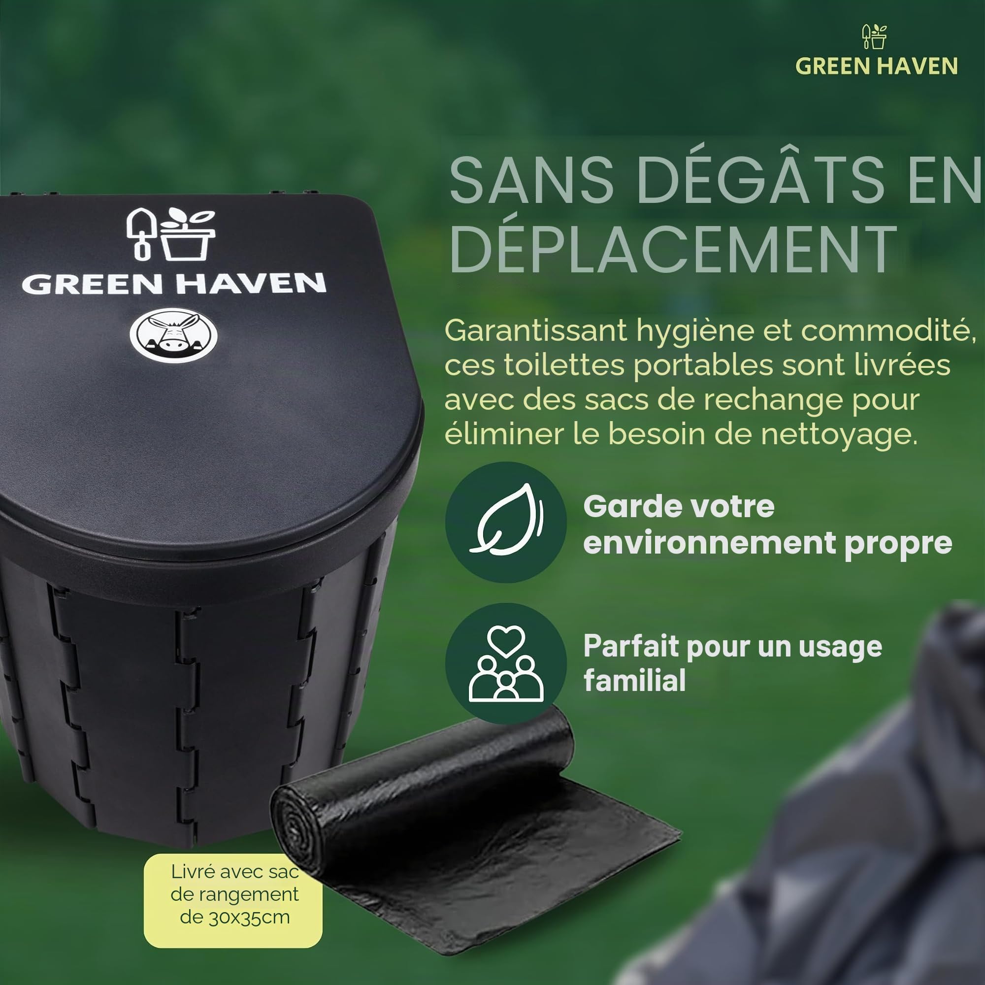 Green Haven toilette portable pliable | wc camping adulte, 12 sacs inclus | SEAU HYGIÉNIQUE COMPACT: pot de chambre · festival · caravane · voyage · résistant · 6 litres · porte-rouleau · randonnée
