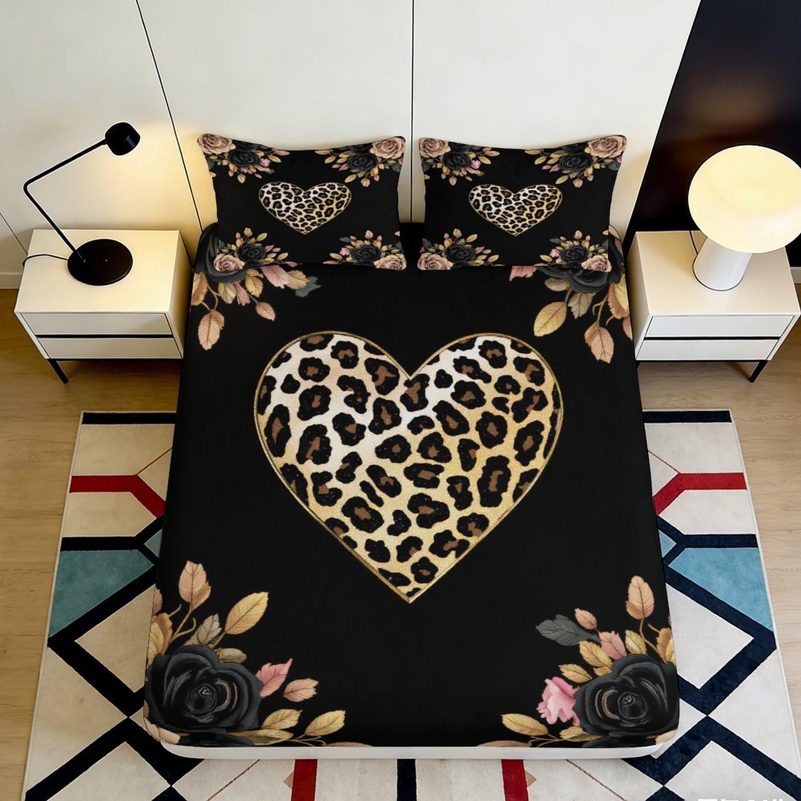 Pnayamiorkfel Style-5 3D Printed Leopard Heart Fitted Sheet Microfiber Floral Bed Cover For Bedroom Guest Room Decor Machine Washable 90X200x25cm