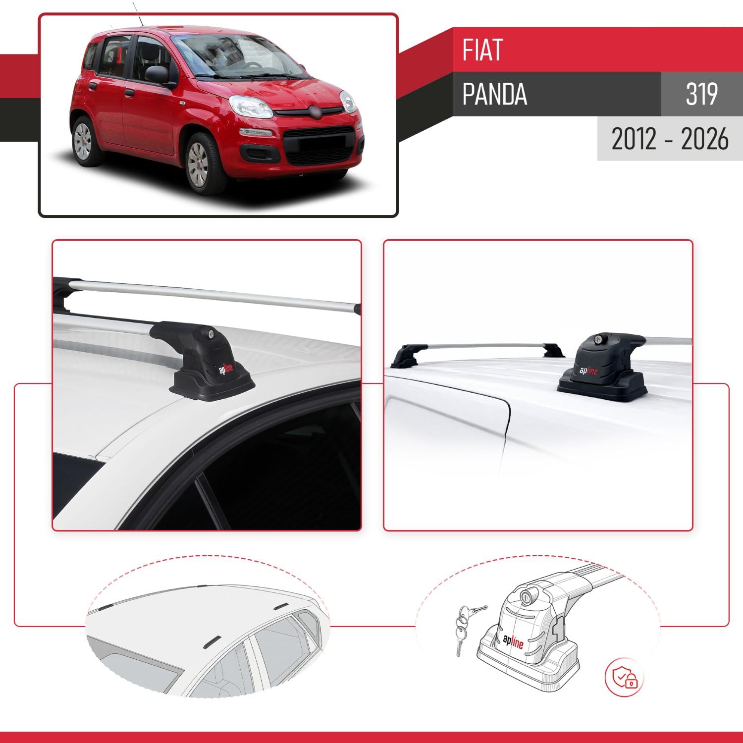 Compatible con Fiat Panda (319) 2012-2026 Modelo Ace-3 Barra de Techo Auto Portaequipajes Barras Transversales Gris Aluminio 2 Barras
