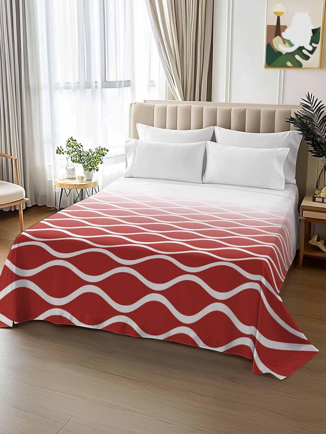 Top Sheet Full Bedding Flat Sheet Only, Modern White Wave Line Microfiber Bed Sheets Soft Breathable Bedding Flat Sheets, Abstract Stripe on Red Gradient Hotel Luxury Top Sheets