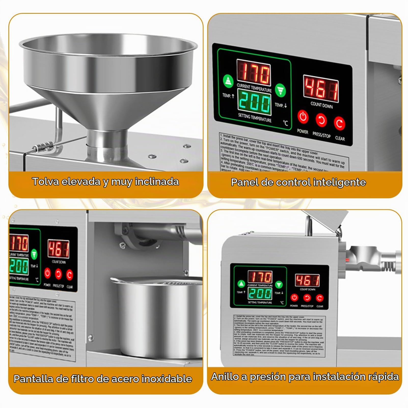 Extractor de Aceite de Acero Inoxidable de 820 W, Máquina automática de prensado de aceite, Prensa de Aceite eléctrica, Prensa en Frío y caliente para Cacahuetes, Girasoles, Aceitunas, 220V