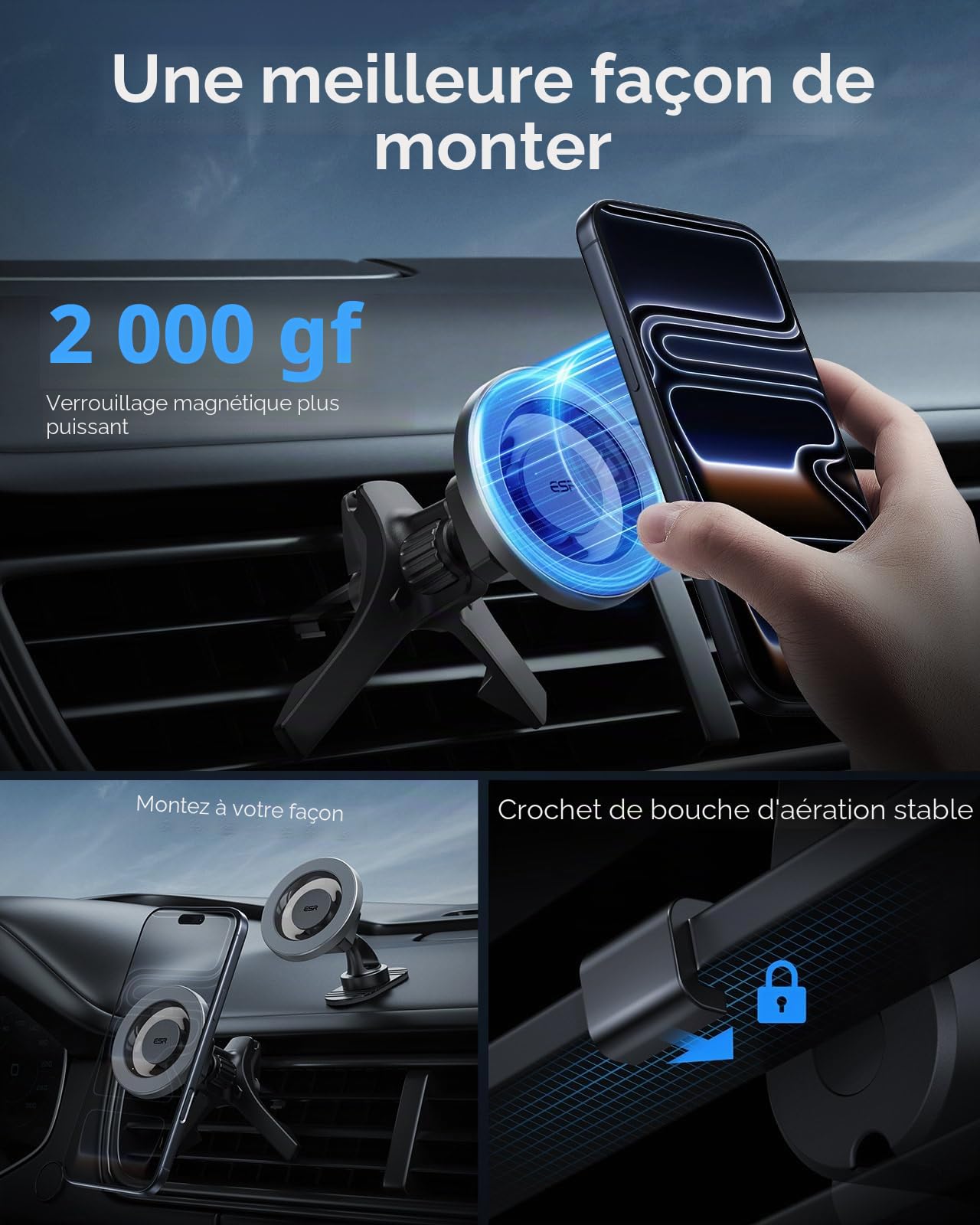 ESR Support Téléphone Voiture Magnétique pour MagSafe, grille d'aération/tableau bord Aimant Voiture Support pour iPhone 17e/Air/17/16/16e/15/14/13/12/Google Pixel 10/Samsung S26, tous les smartphones