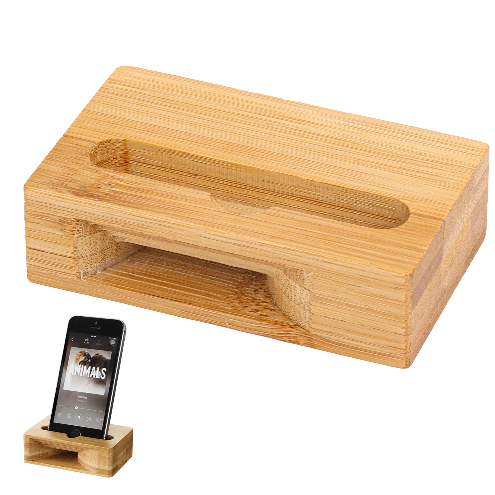 Soporte de teléfono de madera multifunción con altavoz incorporado de diseño elegante soporte de madera para teléfono inteligente, soporte de teléfono práctico con función de altavoz para casa