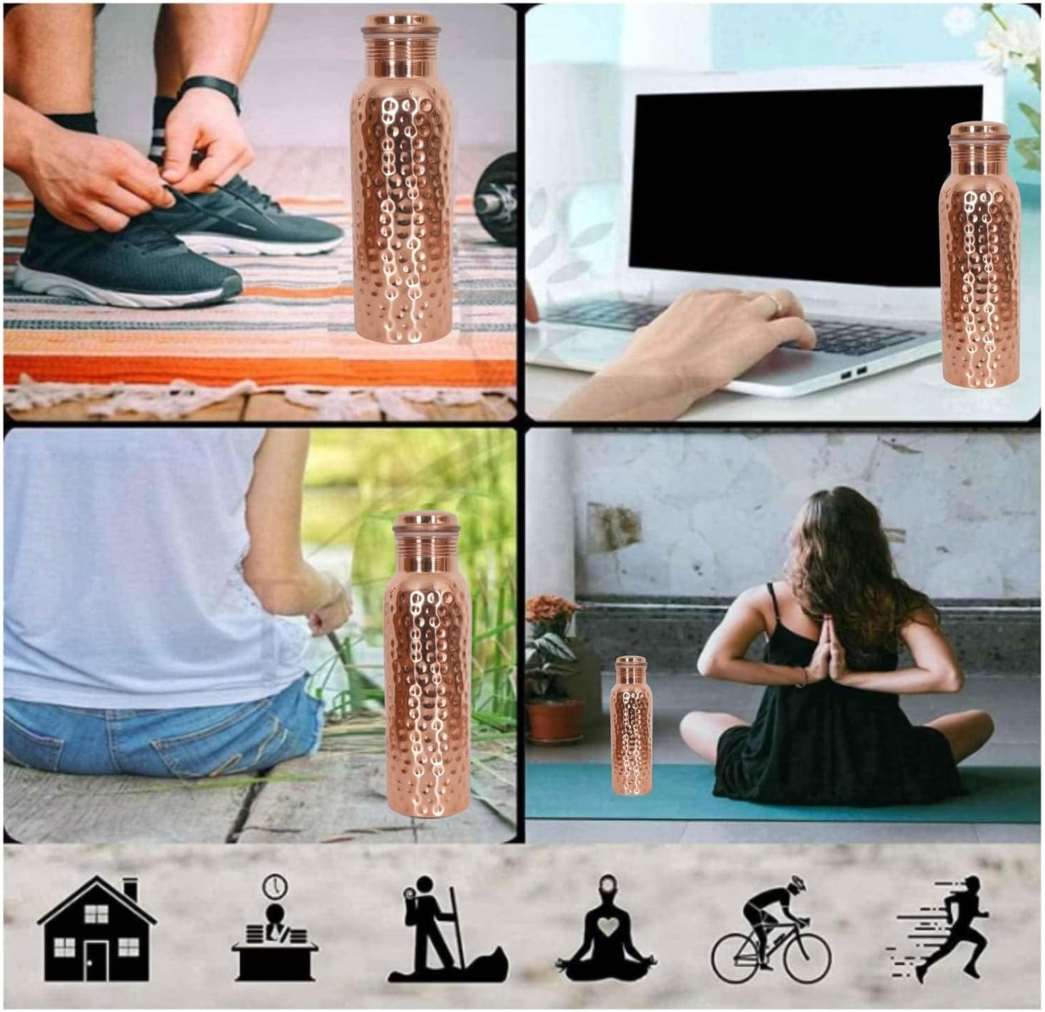 Pure Copper Water Bottle, Hammered Seamless, UNLINED, UNCOATED and LACQURED-FREE, 1000 Ml (33.81 Fl Oz) Capacity For Ayurveda Health Benefits Set of 4