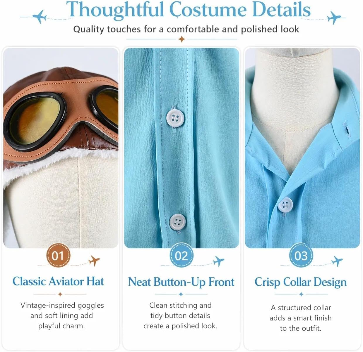 Adult Aviator Costume Set for Men, 3 Piece Retro Pilot Outfit with Short Sleeve Shirt, Shorts and Aviator Hat