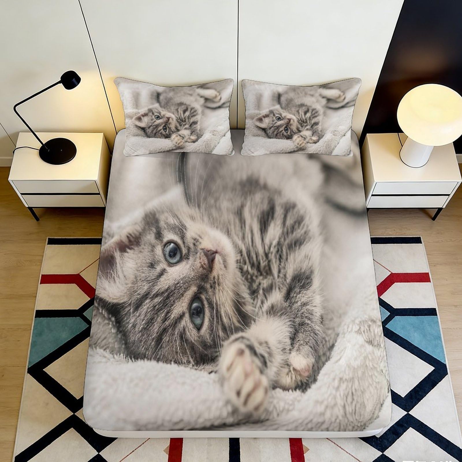 3D Printed Cute Tabby Cat Fitted Sheet Microfiber Soft Non-slip Kitten Blanket Bed Cover for Bedroom Guest Room Decor 120x200x25cm