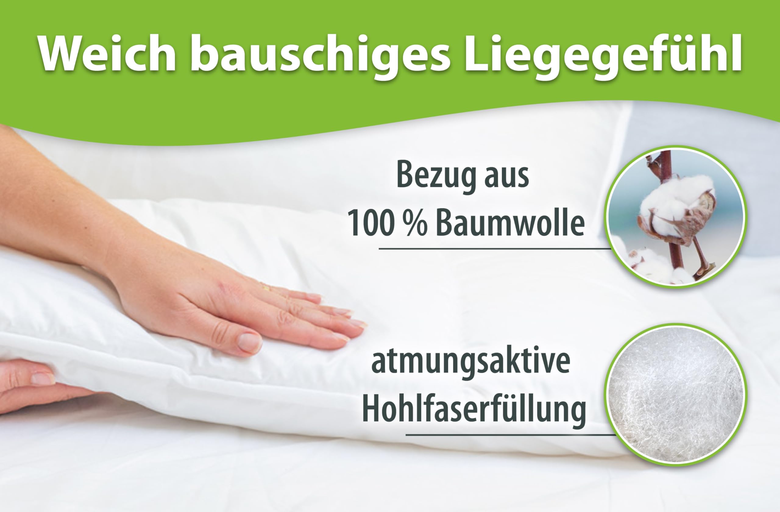 franknatur Bauchschläferkissen 40x80 ergonomisches Kopfkissen flaches Schlafkissen Baumwolle waschbar
