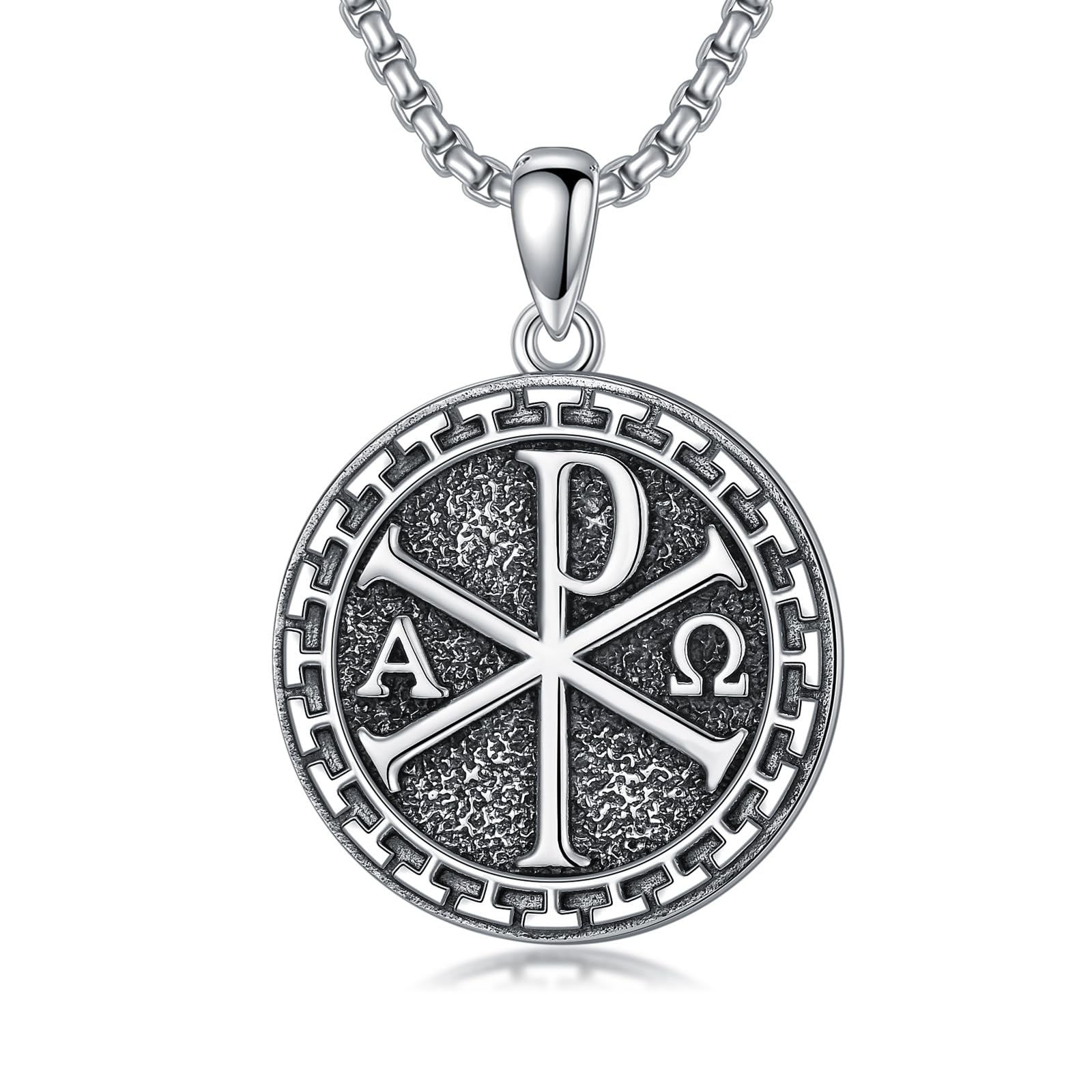 MEIDERBO Chi Rho Necklace 925 Sterling Silver Chi Rho Alpha Omega PX XP Symbol Pendant Religious Jesus Christian Jewelry for Men Women