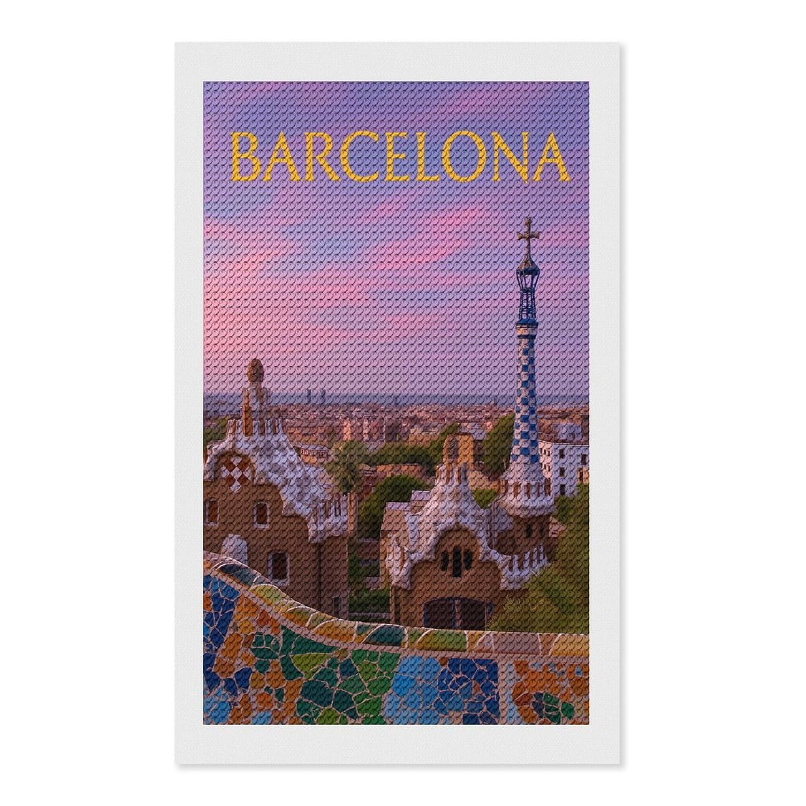 Junmoney Barcelona Park Güell at Sunset Diamond Painting Canvas Kit 12"x20", Adhesive Canvas, Living Room Decor, Farmhouse Decor, Winter Craft