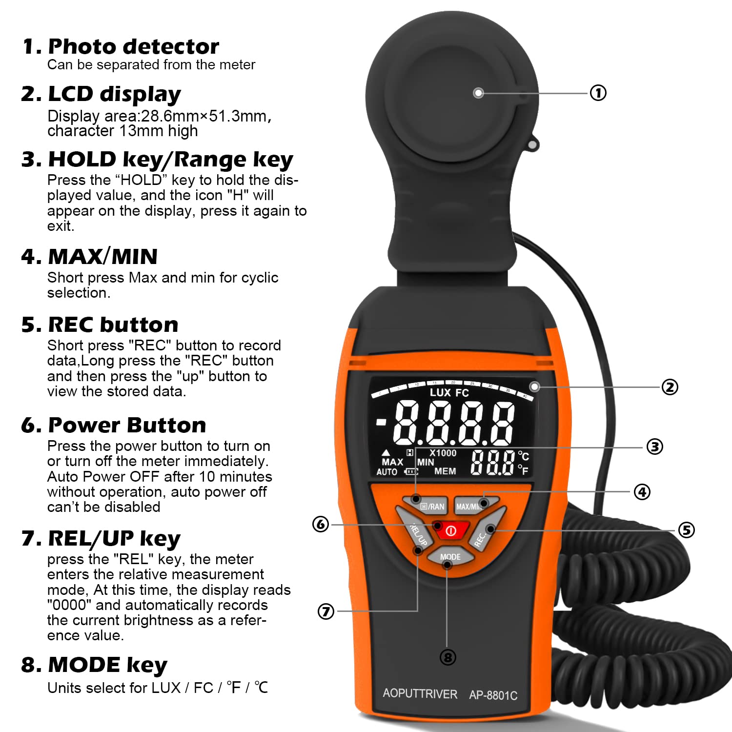 Luxmètre Numérique AOPUTTRIVER - Jusqu'à 300000 Lux - Portable Avec Capteur Rotatif 270°