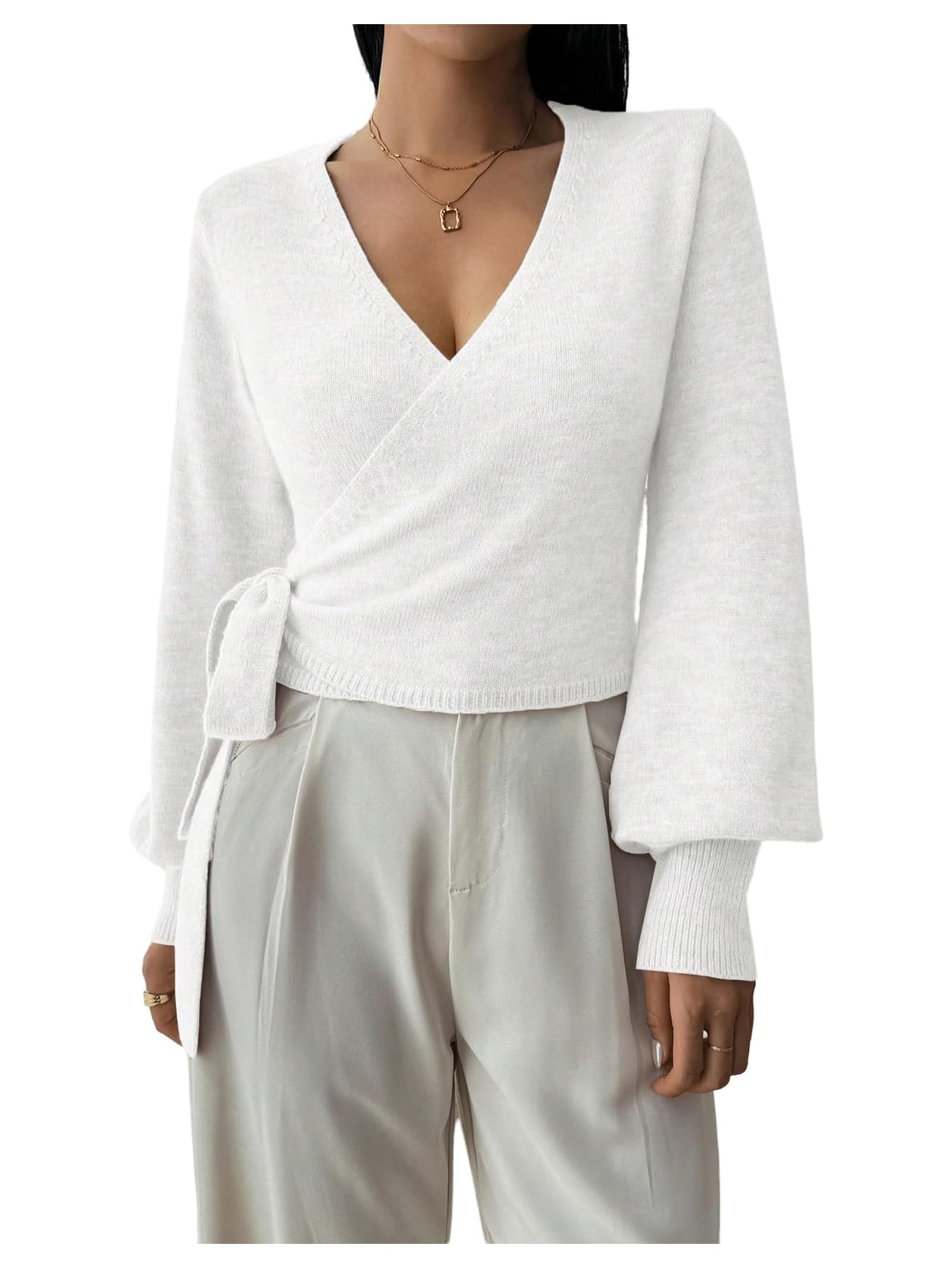 Womens V Neck Belted Fall Knit Sweater Womens Casual V Neck Wrap Sweater Pullover with Side Tie Fall