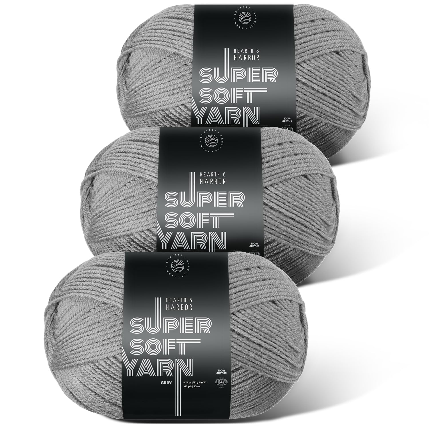 Acrylic Yarn for Crocheting &amp; Knitting – Soft Crochet Yarn for Crocheting, 3 Pack of 370 Yards, Perfect for Crafts &amp; Amigurumi, Medium Worsted Weight 4, Grey