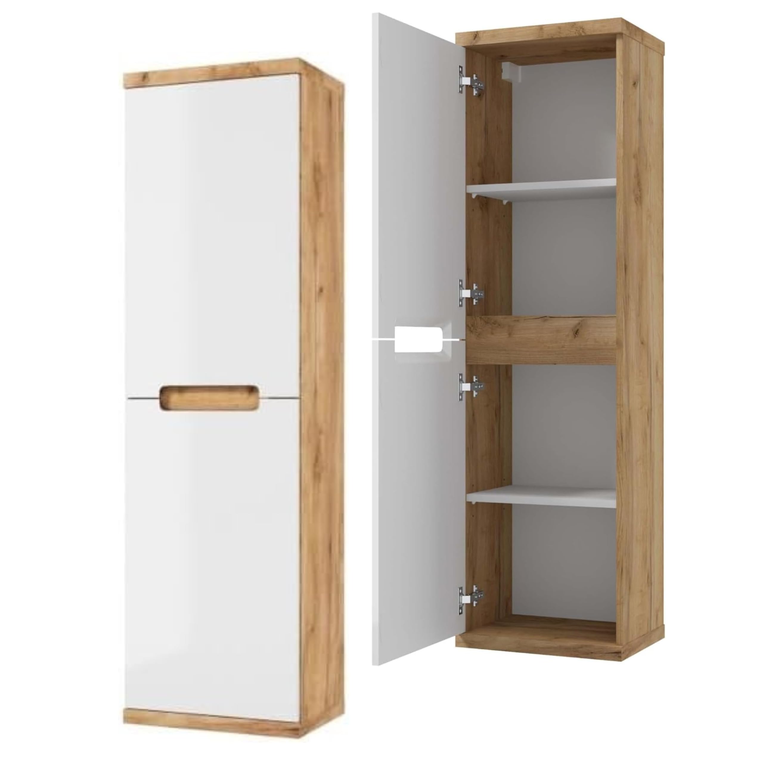 .Deftrans Domodomo - Armario de baño para Colgar (138,6 x 40,4 x 29,2 cm, 4 estantes), Color Blanco Brillante y Roble Dorado