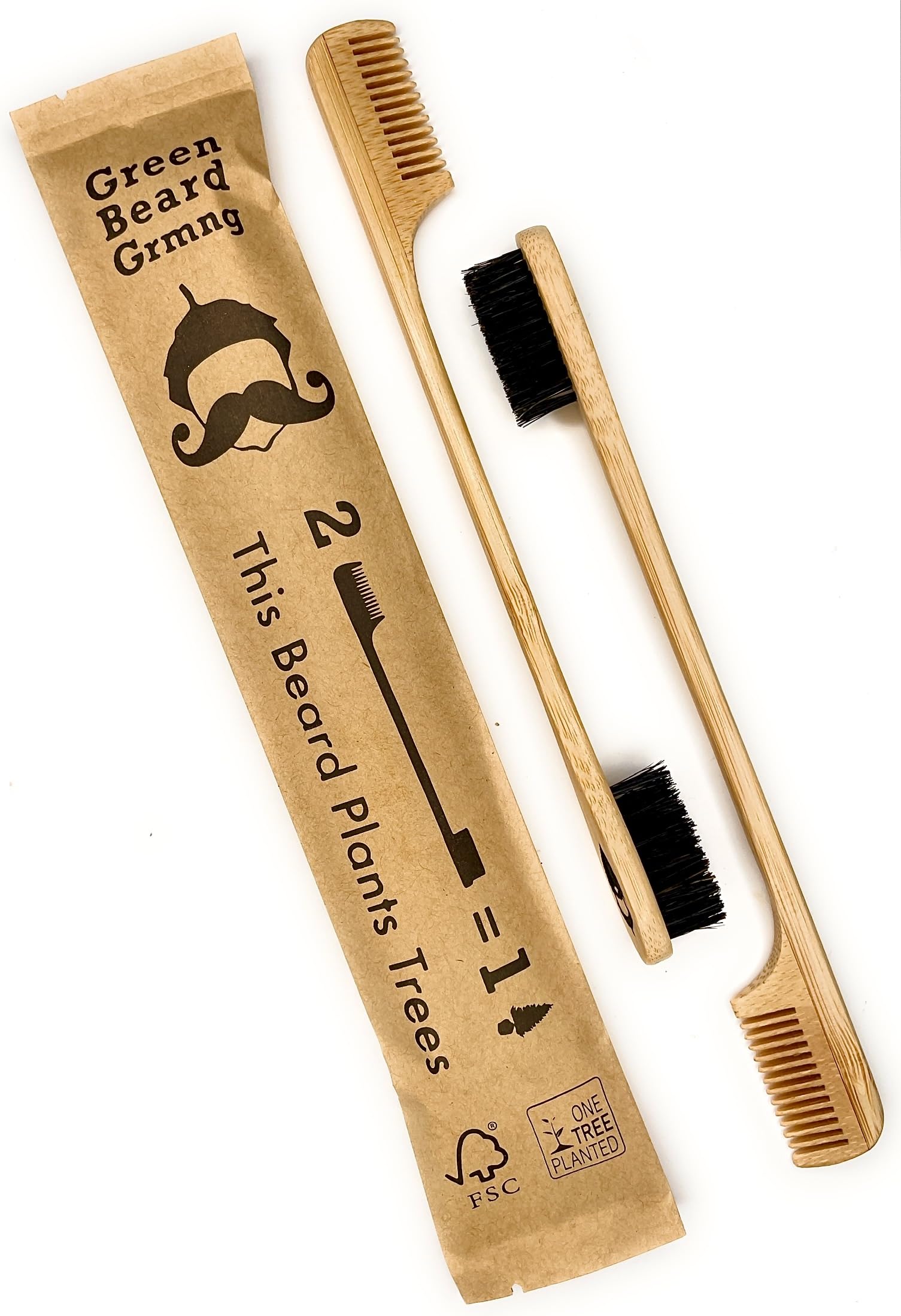 2-in-1 Sapling Mustache Brush & Comb (2-pack) from Green Beard Grmng - Boar Bristle & Bamboo