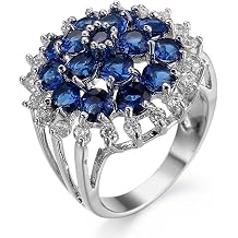Psiroy Statement Cluster Flower Shaped Rings for Women, 925 Sterling Silver Plated Simulated Blue Sapphire Wedding Band Engagement Promise Ring for Her