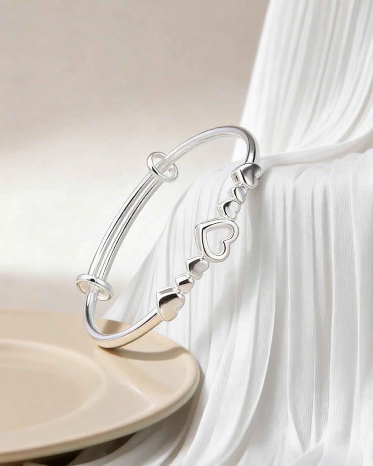 Romantic Polished Silver Heart Bangle Bracelet for Women, Open Adjustable Cuff with Cutout Hearts, Silver Plated Jewelry Gift - Image 7