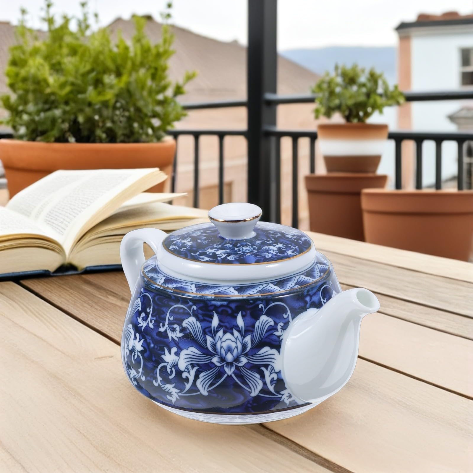 Tetera China de Cerámica Azul Estilo Vintage con Asa