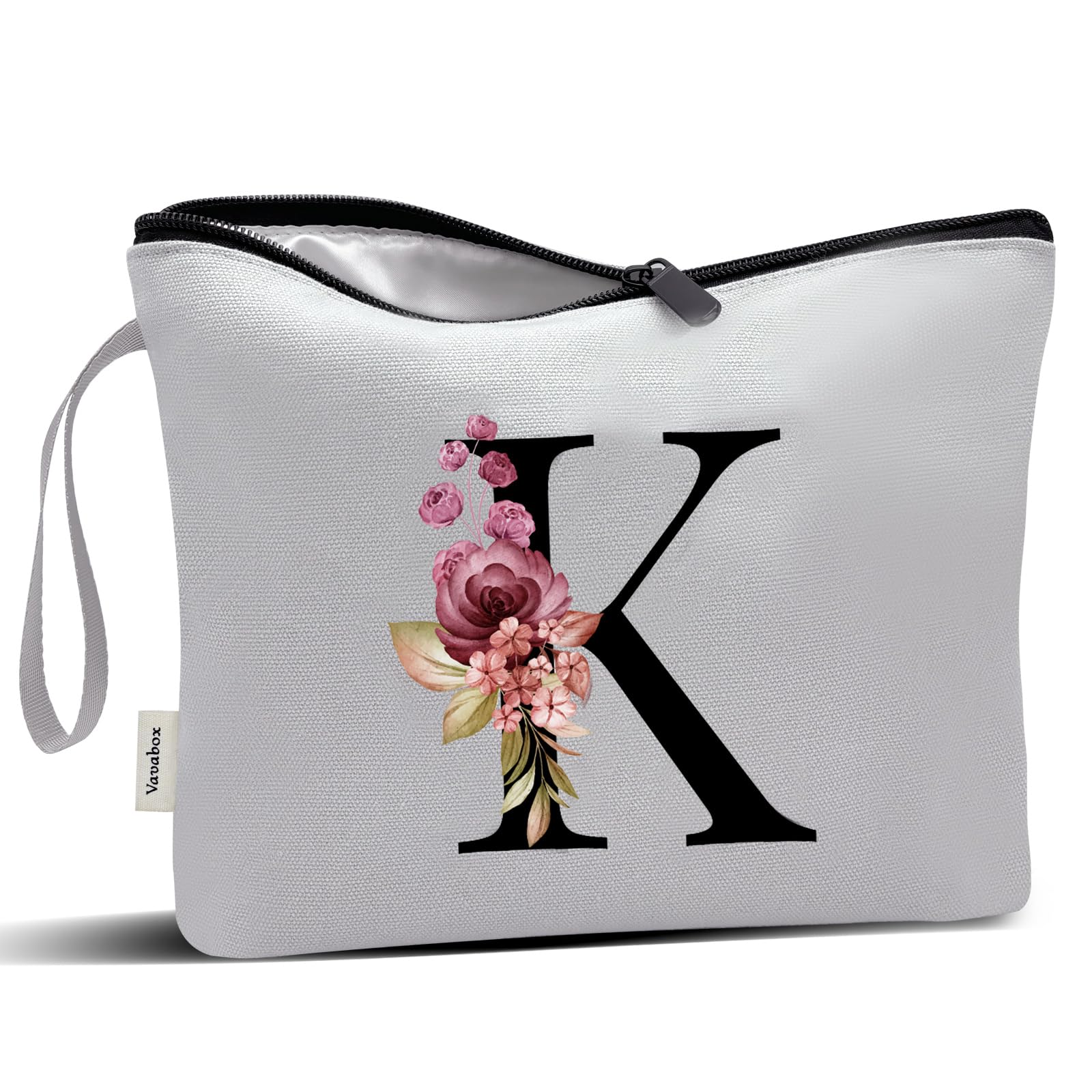 Vavabox A-Z Personalized Makeup Bag, Birthday Gifts for Women Mom, Gifts for Best Friend, Bride Bridesmaid Cosmetic bag (K, Grey)