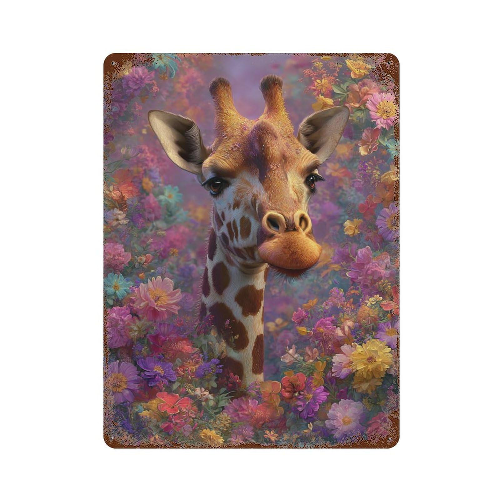 Giraffe in Flower Garden-3 Rusty Metal Tin Sign 15.7"x11.8", Vintage Wall Decor for Garage, Pub Or Kitchen