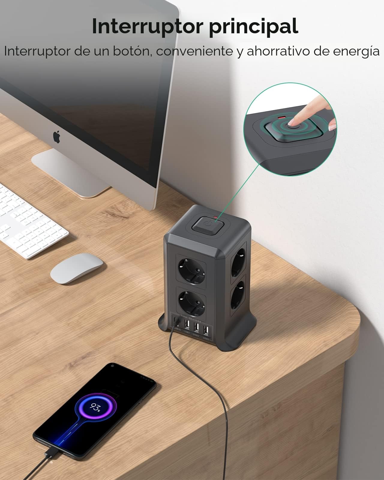 Torre Regletas Enchufes, Regleta USB 8 Tomas de AC y 4 USB Enchufe Multiple, 2500W/10A,Regleta Enchufes Proteccion Sobretension, 2M Regreltas Vertical con Interruptor para Mesa, Oficia, Casa, Negro - 5