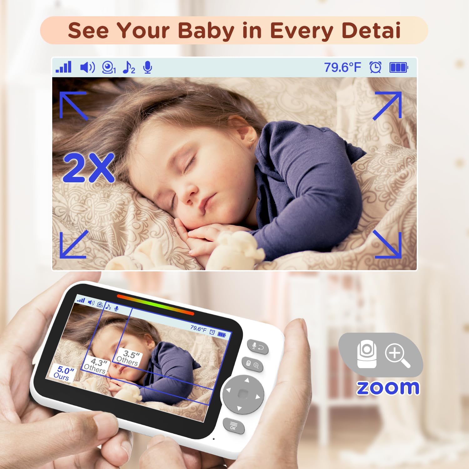 5" Split Screen No WiFi Baby Monitor with Camera, 3500mAh Battery (BL9052) thumbnail 7