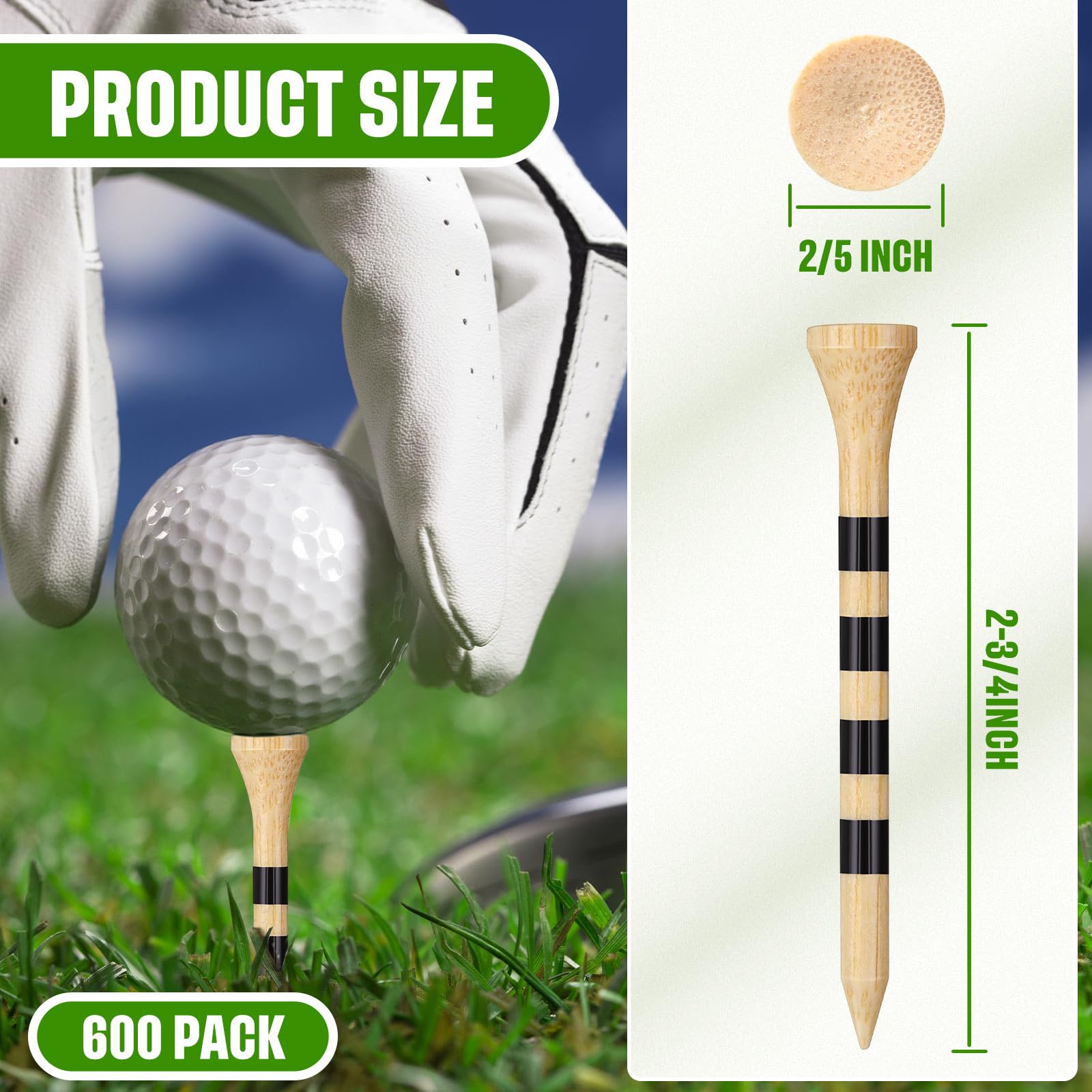 Mudder Golf-Tees aus Holz, 600 Stück, Holz, für Herren, Bälle, Zubehör (6,4 cm, Schwarz, Holzfarbe)