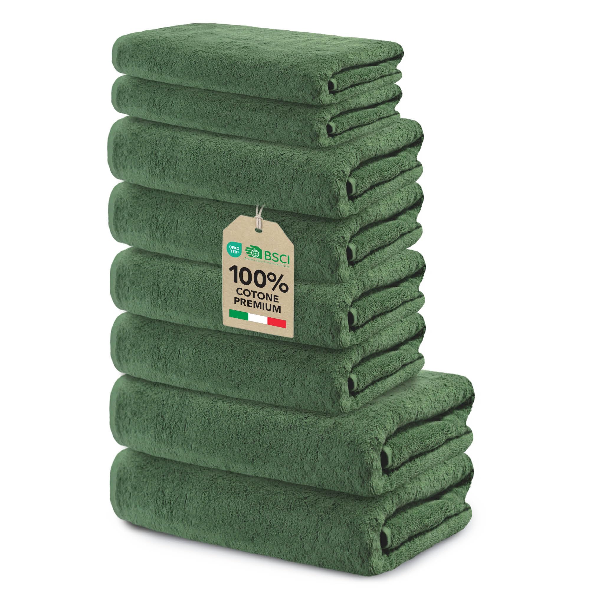 Ôhm Set Asciugamani 8 Pezzi Cotone Verde Abete | Set bagno 8 pezzi 100% cotone 500 g/m², asciugamani coordinati, morbidi e assorbenti, certificato Oeko-Tex