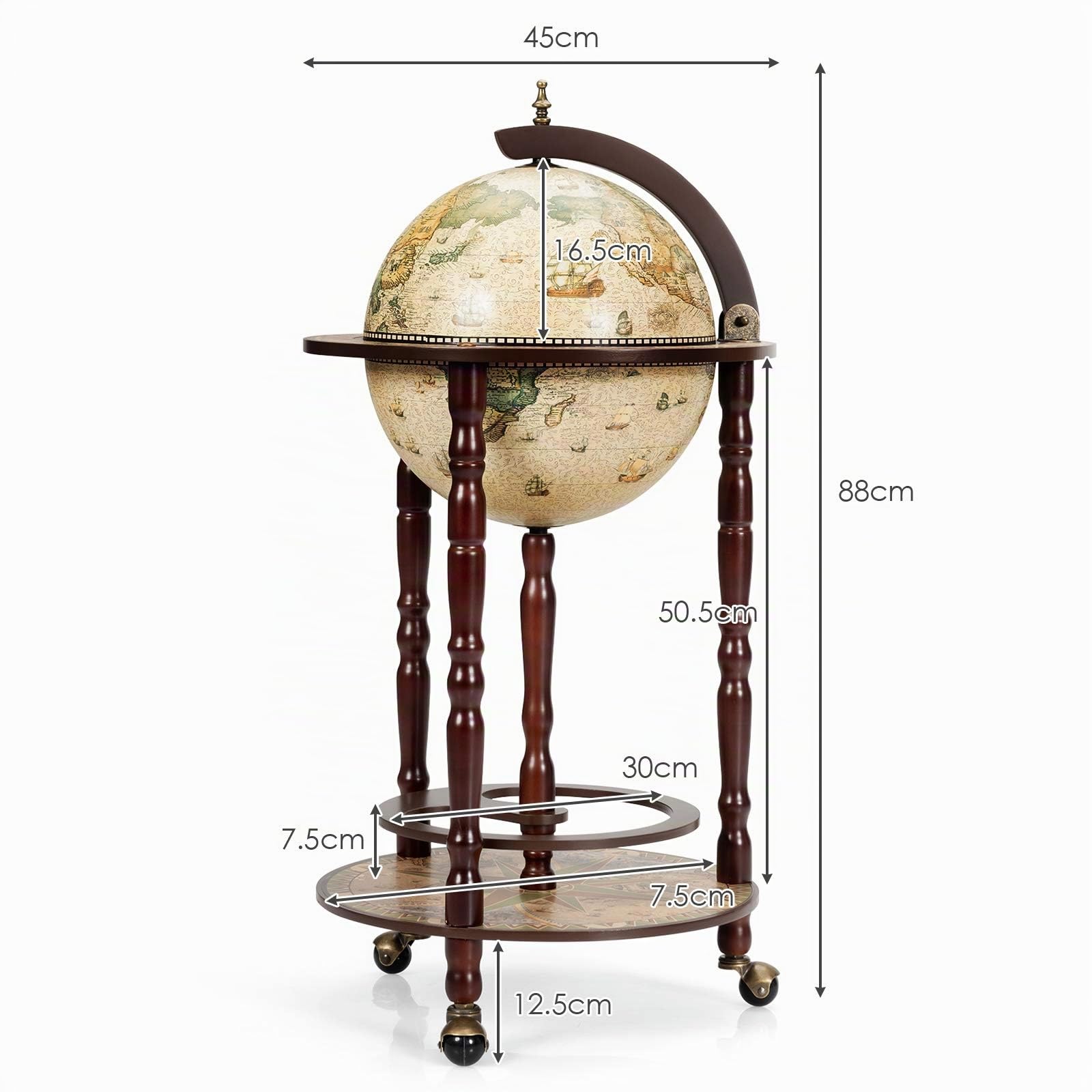 KOMFOTTEU Botellero Bar Globo Terráqueo con Ruedas, Soporte para Botellas de 2 Niveles, Carrito de Bar de Madera, Mueble Minibar para Bebidas, para Restaurante, Fiesta (Beige, 45 x 45 x 88 cm)