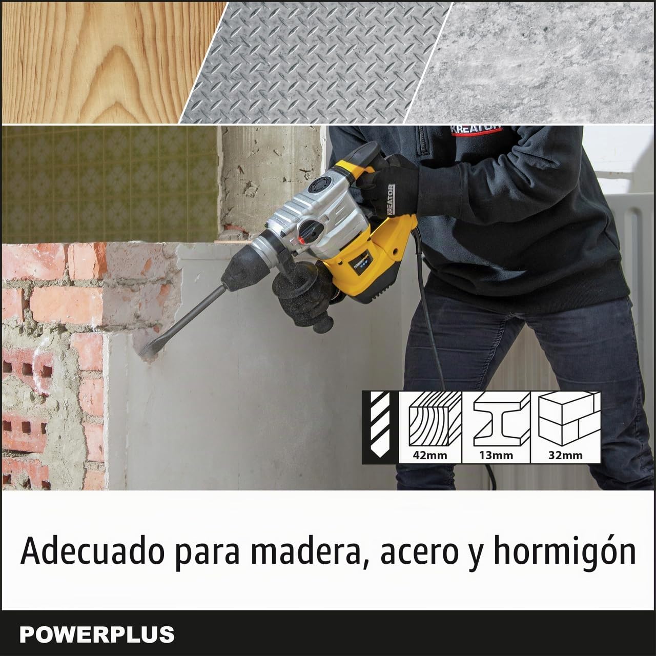 POWERPLUS Martillo percutor POWX1195-1500W, perforando, percutiendo, cincelando y rotación del cincel