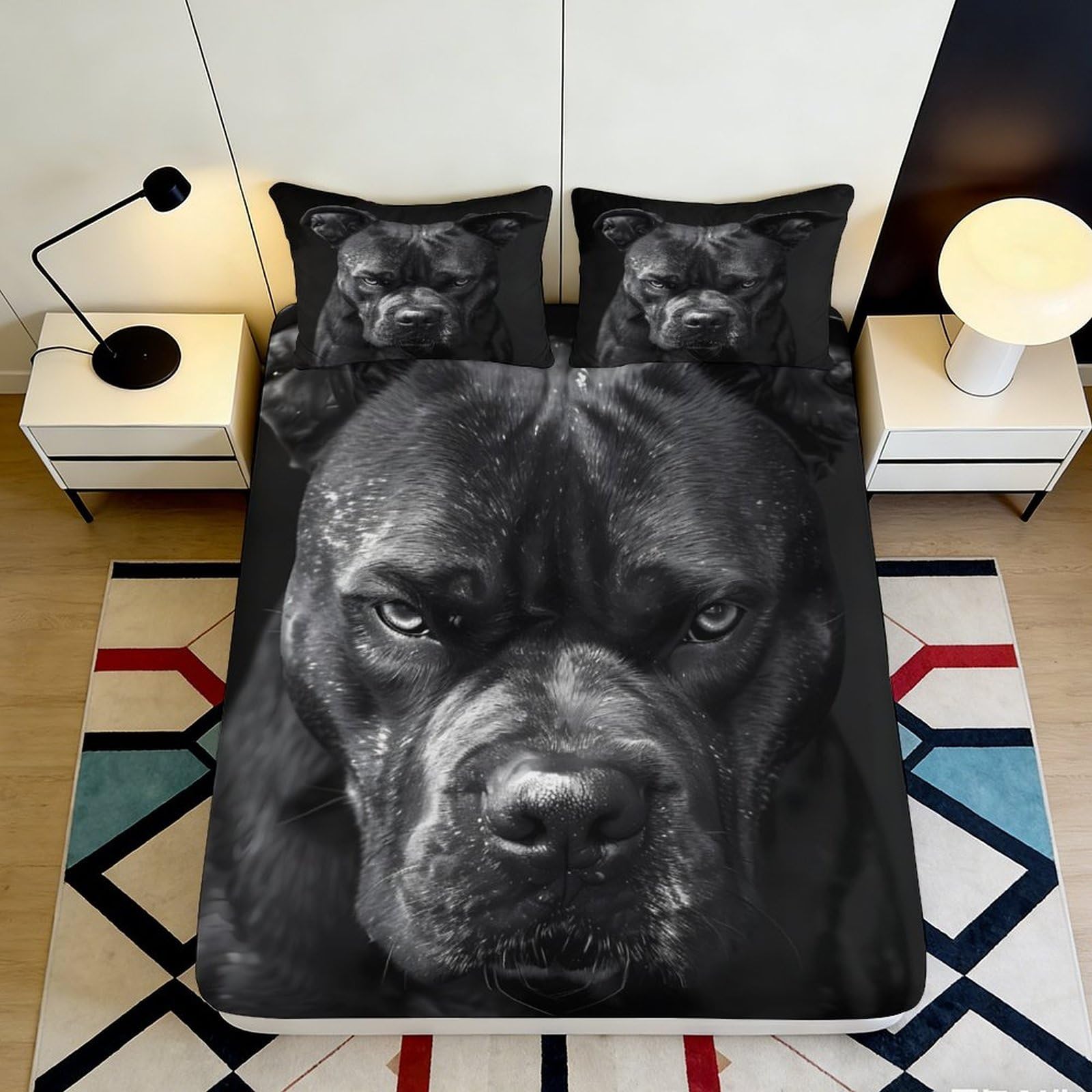 3D Printed Black Dog Face Fitted Sheet Microfiber Soft Bed Cover for Bedroom Dorm Modern Mattress Protection Decor 180x200x25cm