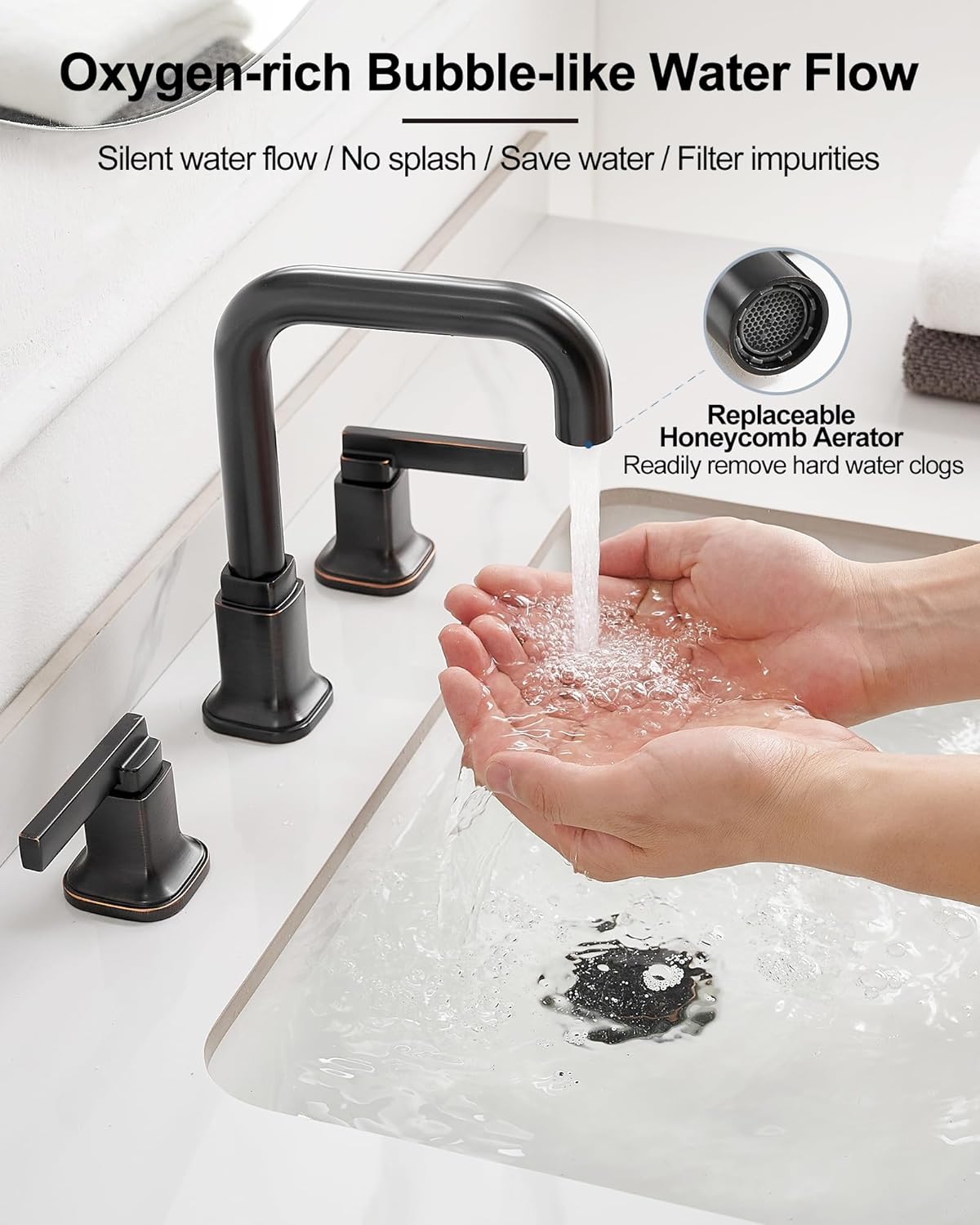 Widespread Bathroom Faucet 3 Hole Oil Rubbed Bronze, 360 Degree Swivel 4-8 Inch Faucet for Bathroom Sink with Pop-Up Drain, 2-Handle for Vanity Farmhouse Lead-Free, 5 Mins Installation