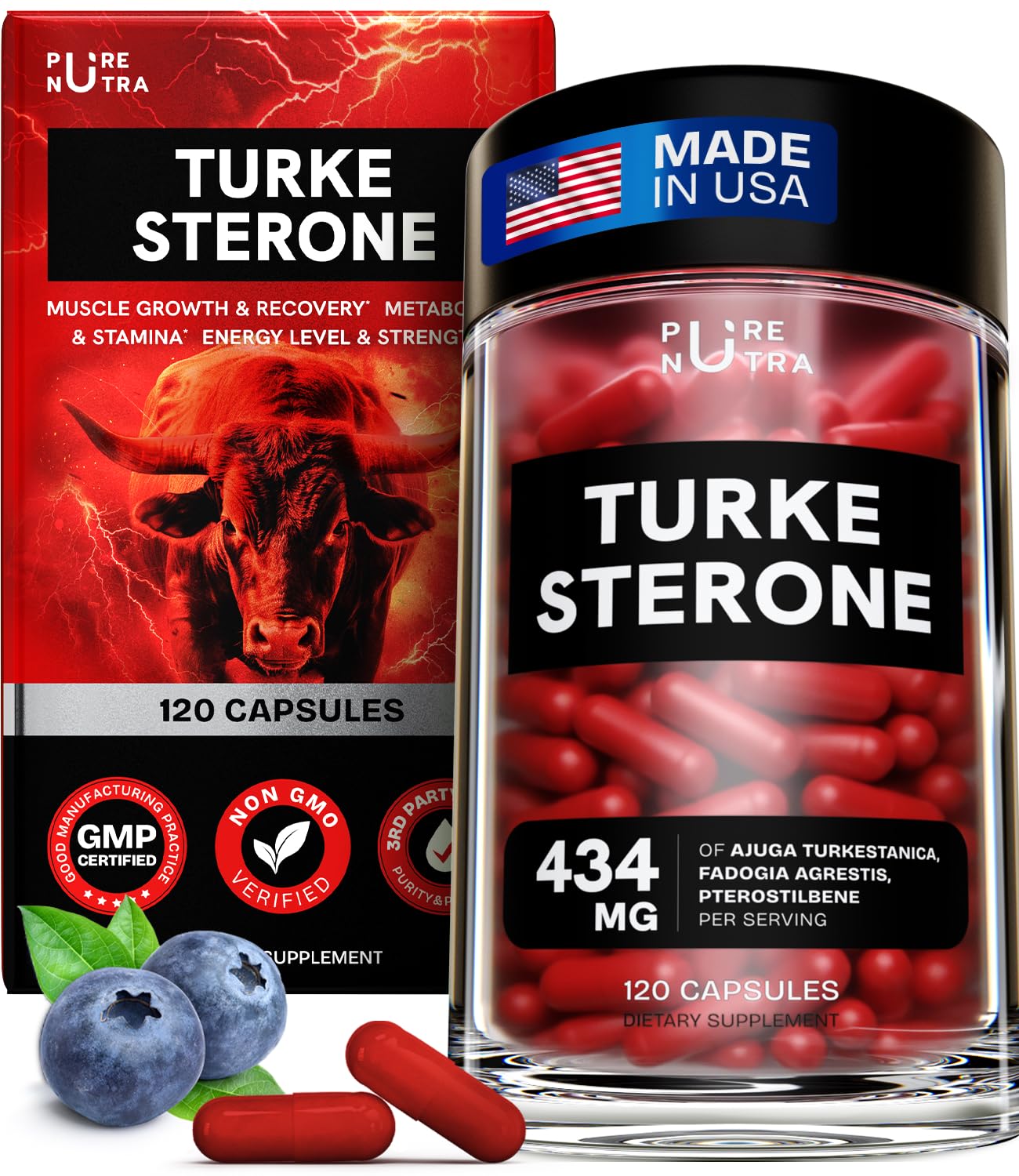 Organic Turkesterone Supplement for Men - Muscle Recovery & Growth with Organic Fadogia Agrestis, Pterostilbene, Ajuga Turkestanica | Complexed Turkesterone Powder | 120 Servings