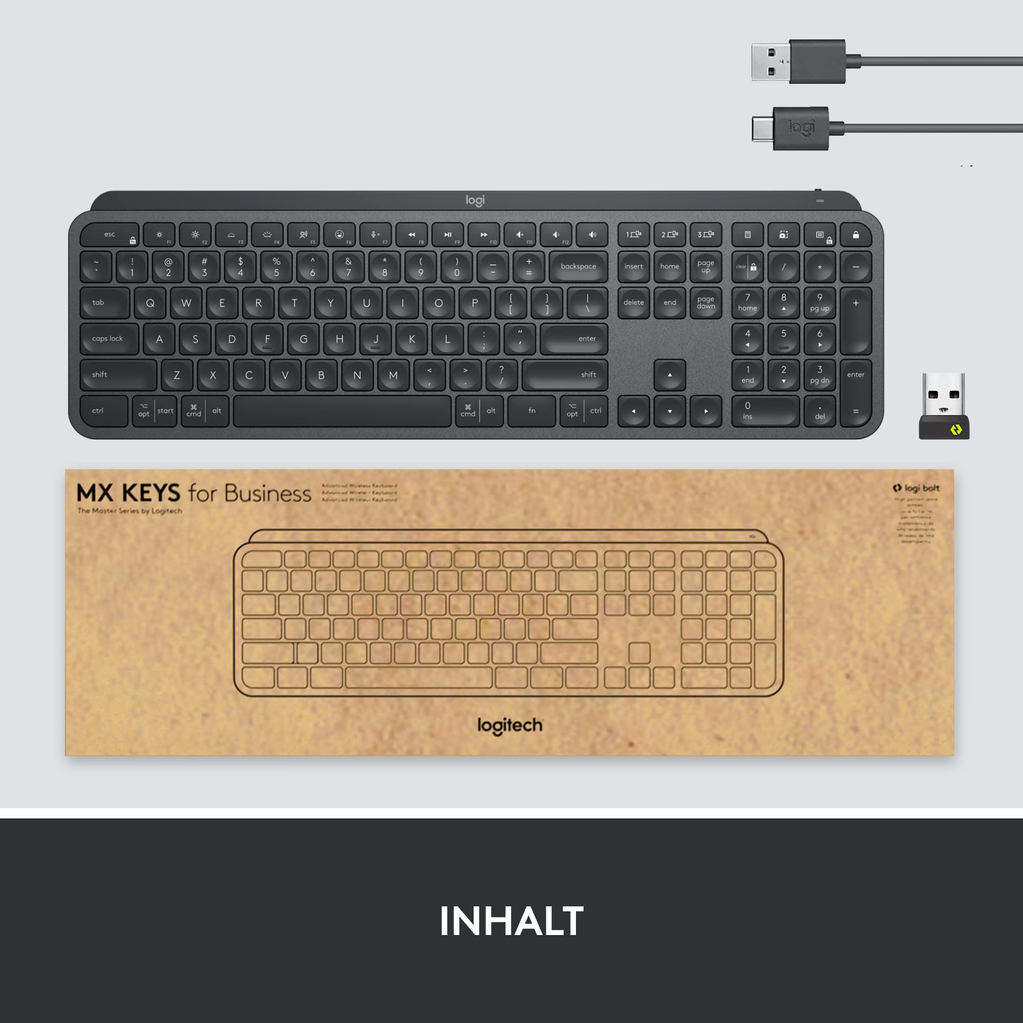 Logitech MX Keys for Business kabellose Tastatur mit Tastenbeleuchtung, leise Tasten Perfect Stroke, Logi Bolt, Bluetooth, wiederaufladbar, Windows/Mac/Chrome/Linux, Deutsches QWERTZ-Layout - Graphit