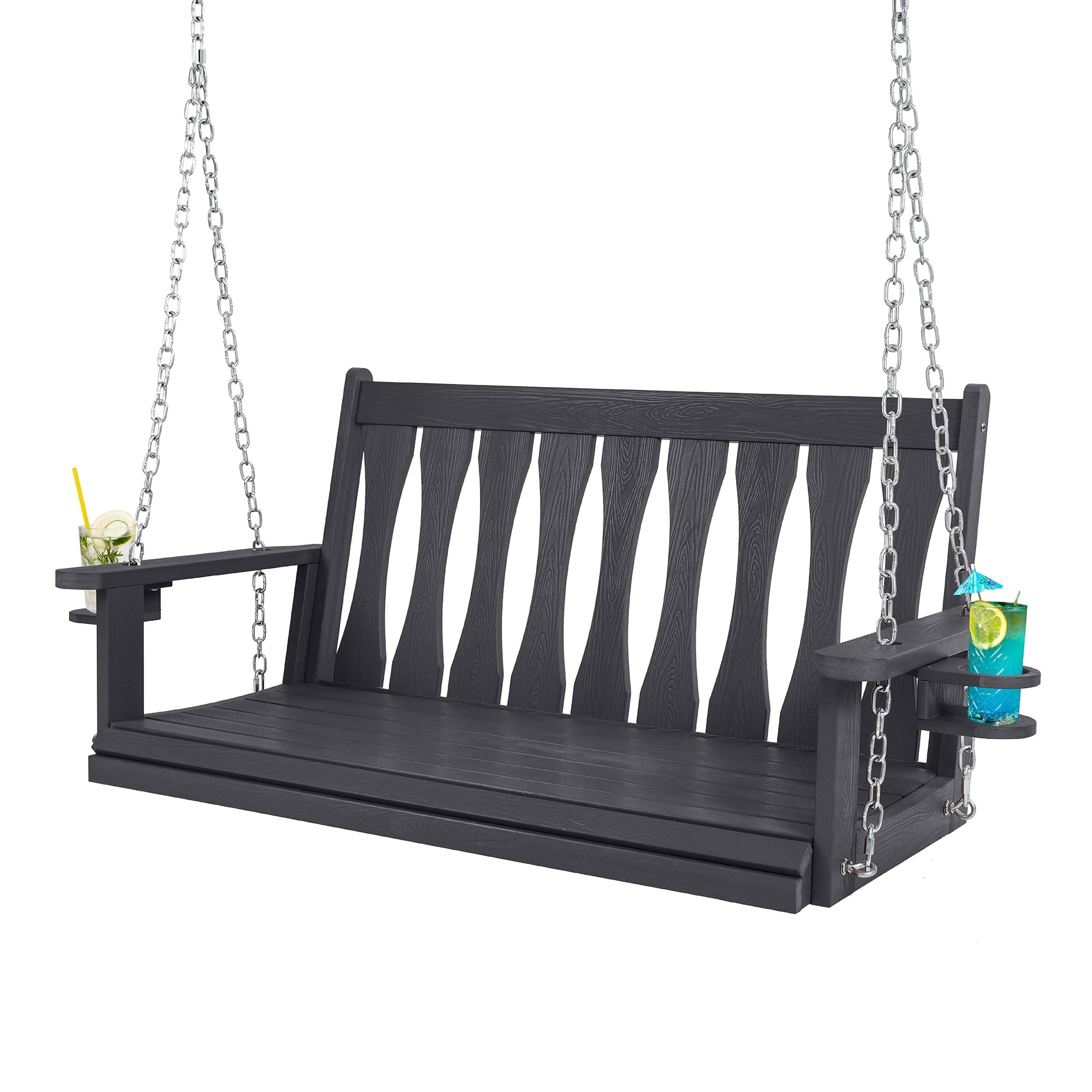Altalena da Giardino in Legno 2 Posti, Dondolo da Giardino da Esterno per Adulti con Catene e Portabicchieri, Portata 270 kg, Panchina Sospesa per Terrazza e Balcone