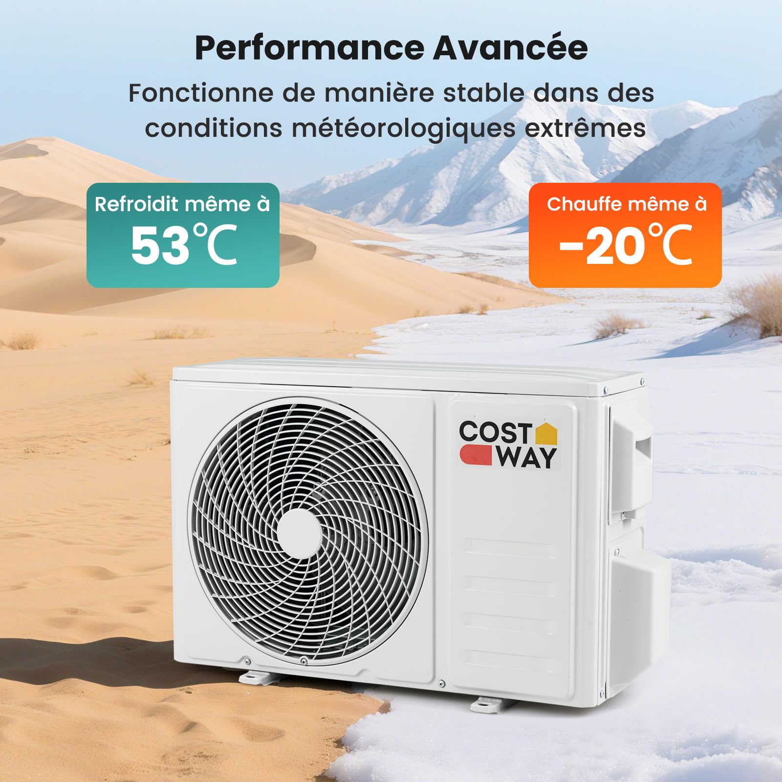 COSTWAY Climatiseur Monosplit 12000 BTU 3,4 kW, Clim Inverter Réversible Pompe à Chaleur, R32, Classe A++ / A+, Faible Consommation, Unité Intérieure et Extérieure, Auto-nettoyage, Kit d’Installation