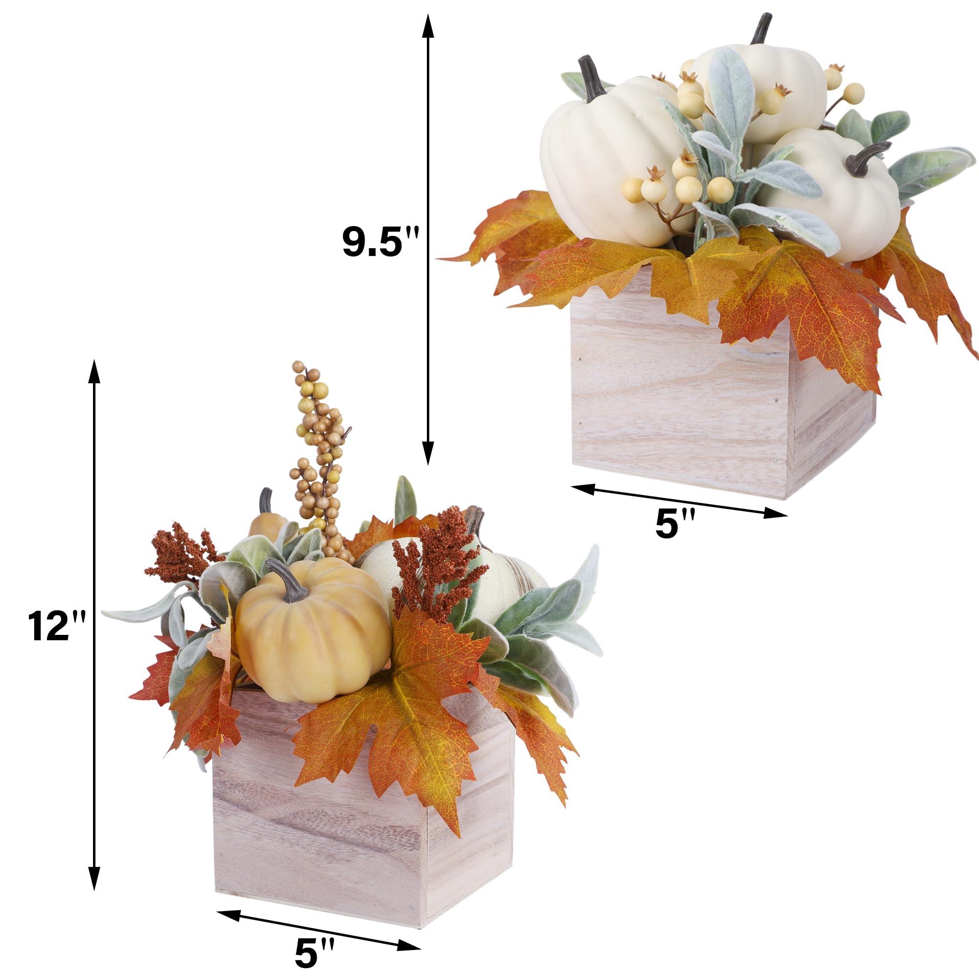 winemana Confezione da 2 decorazioni autunnali per la casa, zucca, zucca, bacche e foglie artificiali in vaso di legno, centrotavola autunnale per sala da pranzo, caminetto, interni