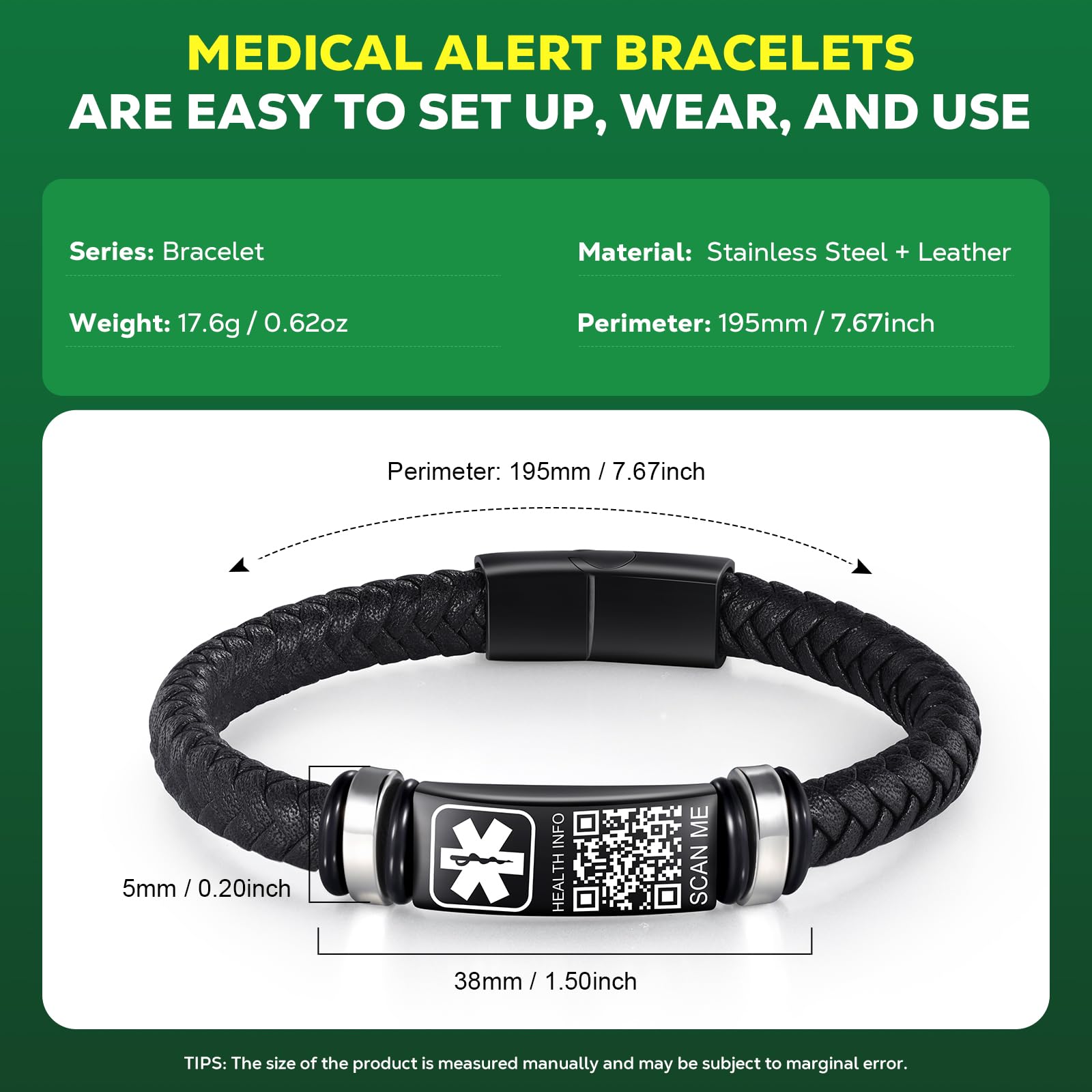 Verbessertes medizinisches Armband für Herren mit QR-Code, medizinische Notfall-ID-Armbänder – 17,8 cm – 20,3 cm, gewebtes Vintage-Lederarmband, Schnalle, mehr Platz sparen,