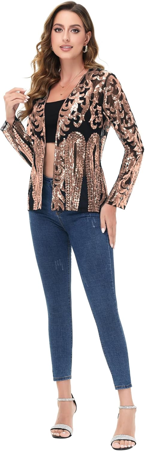 Anna-Kaci Women's Sparkly Sequin Cardigan Long Sleeve Open Front Glitter Party Evening Jacket - Image 6