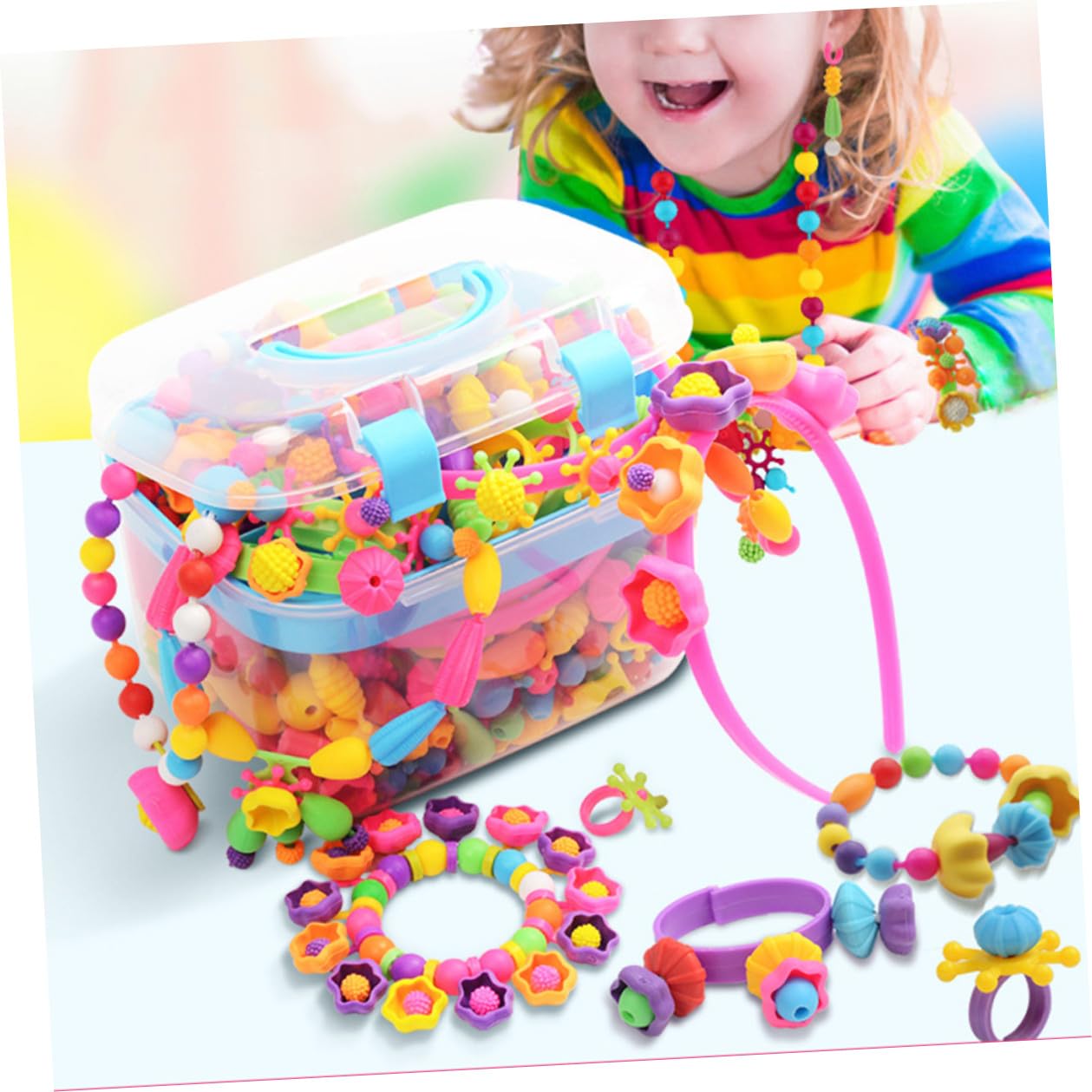 JOINPAYA Juego de Abalorios para Hacer Pulseras, Kit de Manualidades Infantil Cuentas de Plástico, Caja Portátil para Niñas y Niños