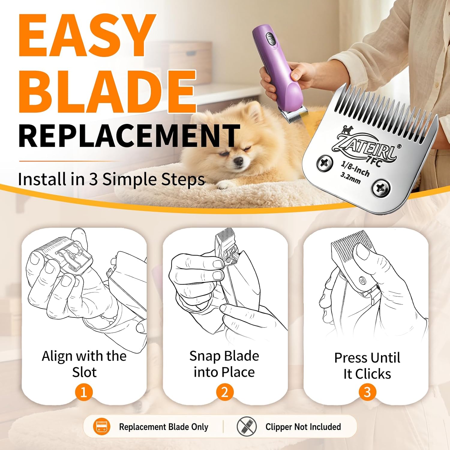 Size 7FC Detachable Pet Grooming Clipper Blade with Ceramic Cutter, 3.2mm 1/8 Inch Cut Length, Silver, Compatible with Andis, Oster A5, Wahl KM10, 3 Pack