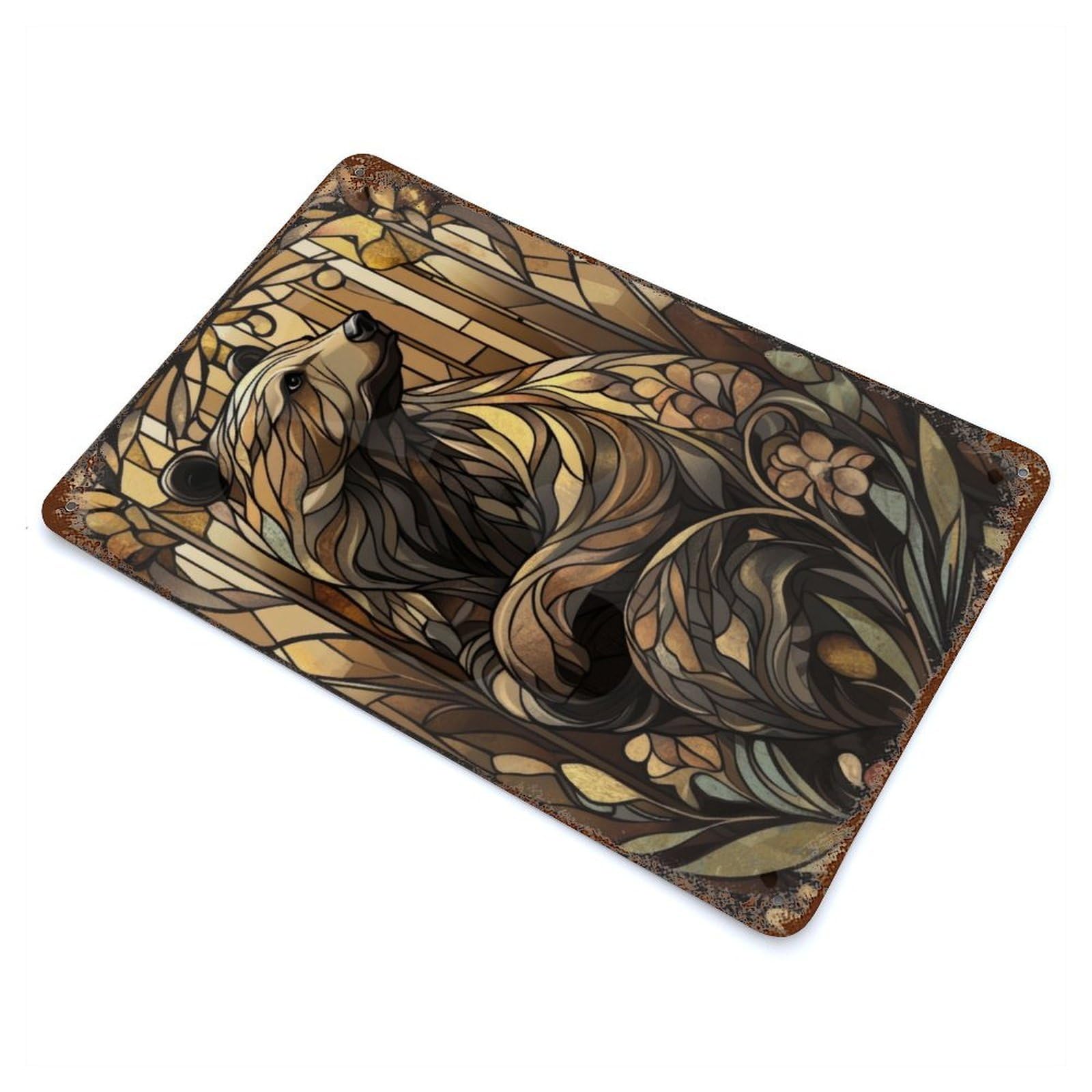 Stained Glass Bear Vintage Wall Sign 11.8"x7.9", Rust Effect Metal Decor for Bistro, Counter And Cafe Decor