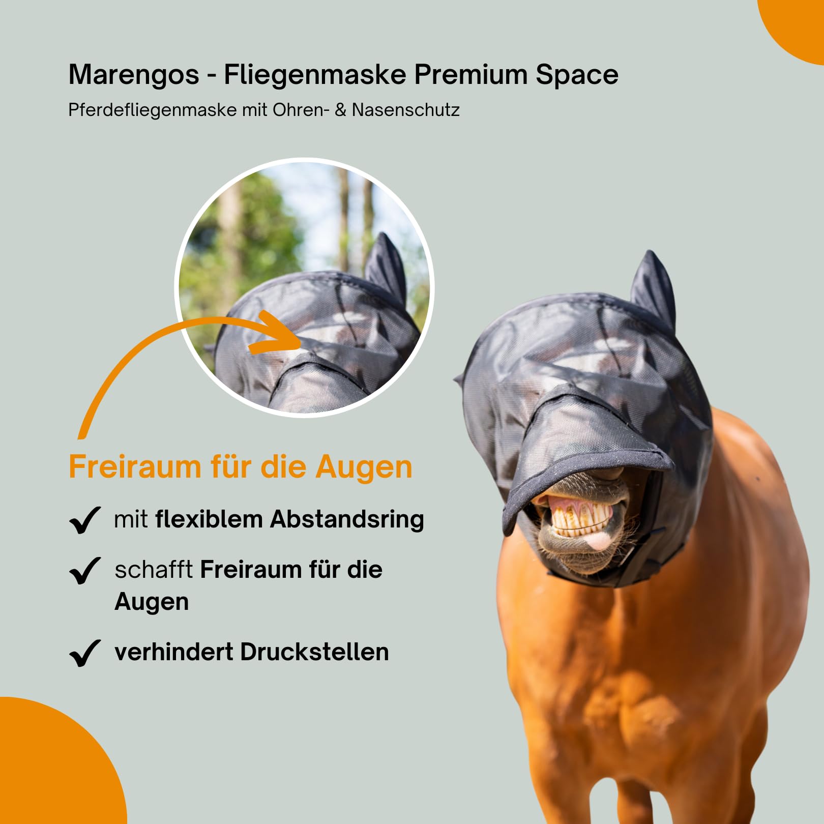 Marengos - Fliegenmaske mit Ohren- & Nasenschutz Premium Space | Pferdefliegenmaske in Schwarz | mit Elastikeinsätzen & Klettverschluss | extra Freiraum für die Augen | Pferde Zubehör Vollblut