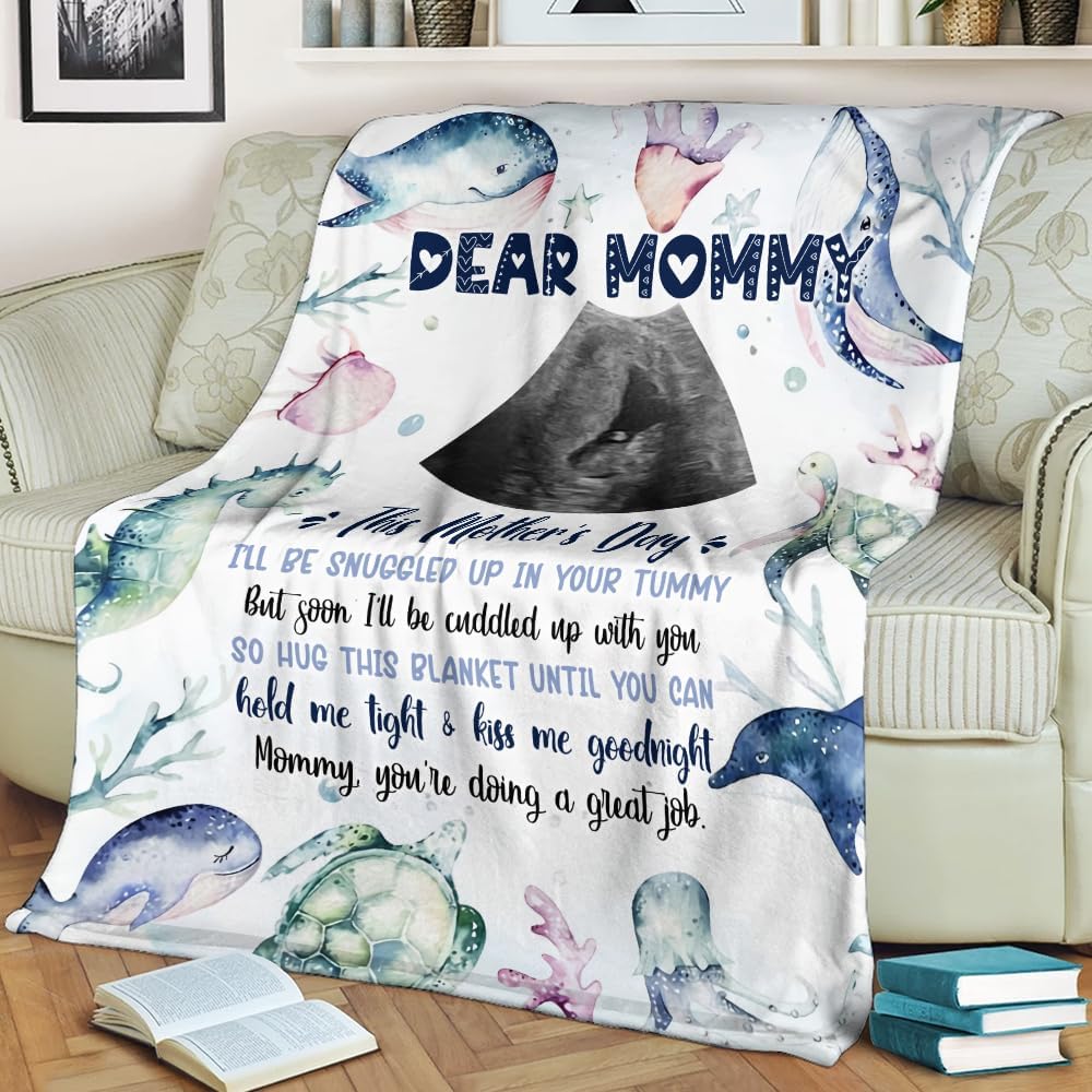 Personalized Dear Mommy Blanket, Under The Sea Themed, Gift for New Mom, First Mother's Day Expecting Mama, Custom Ultrasound Photo Soft Fleece Blanket, Gift for New Baby