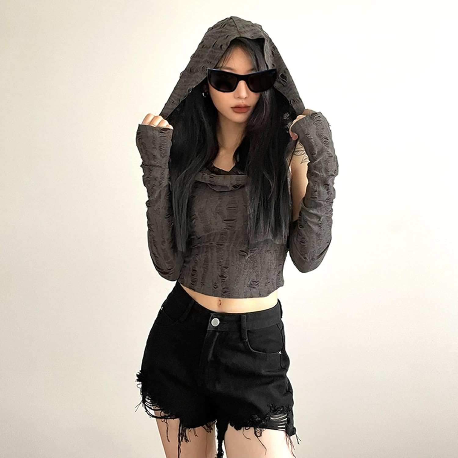 Women’s Ripped Hoodie Sweater Vest Hollow Out Hooded Crop Top Knit Pullover Streetwear with Oversleeve - Image 3