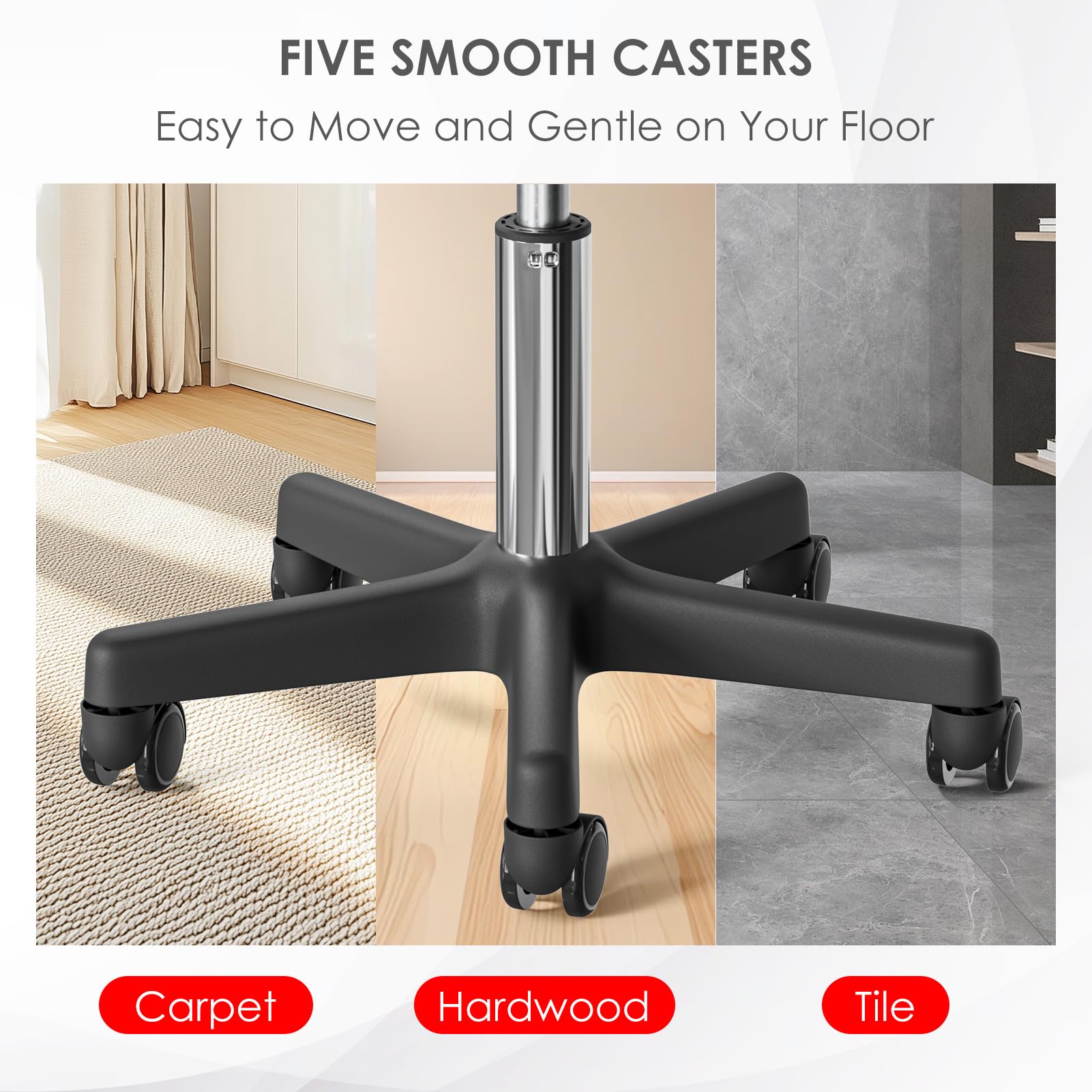 Taburete con ruedas con capacidad para hasta 350 libras, altura ajustable, patas de nailon con ruedas para spa, masaje, salón, hogar, oficina, médico, tatuaje, bar, negro 5